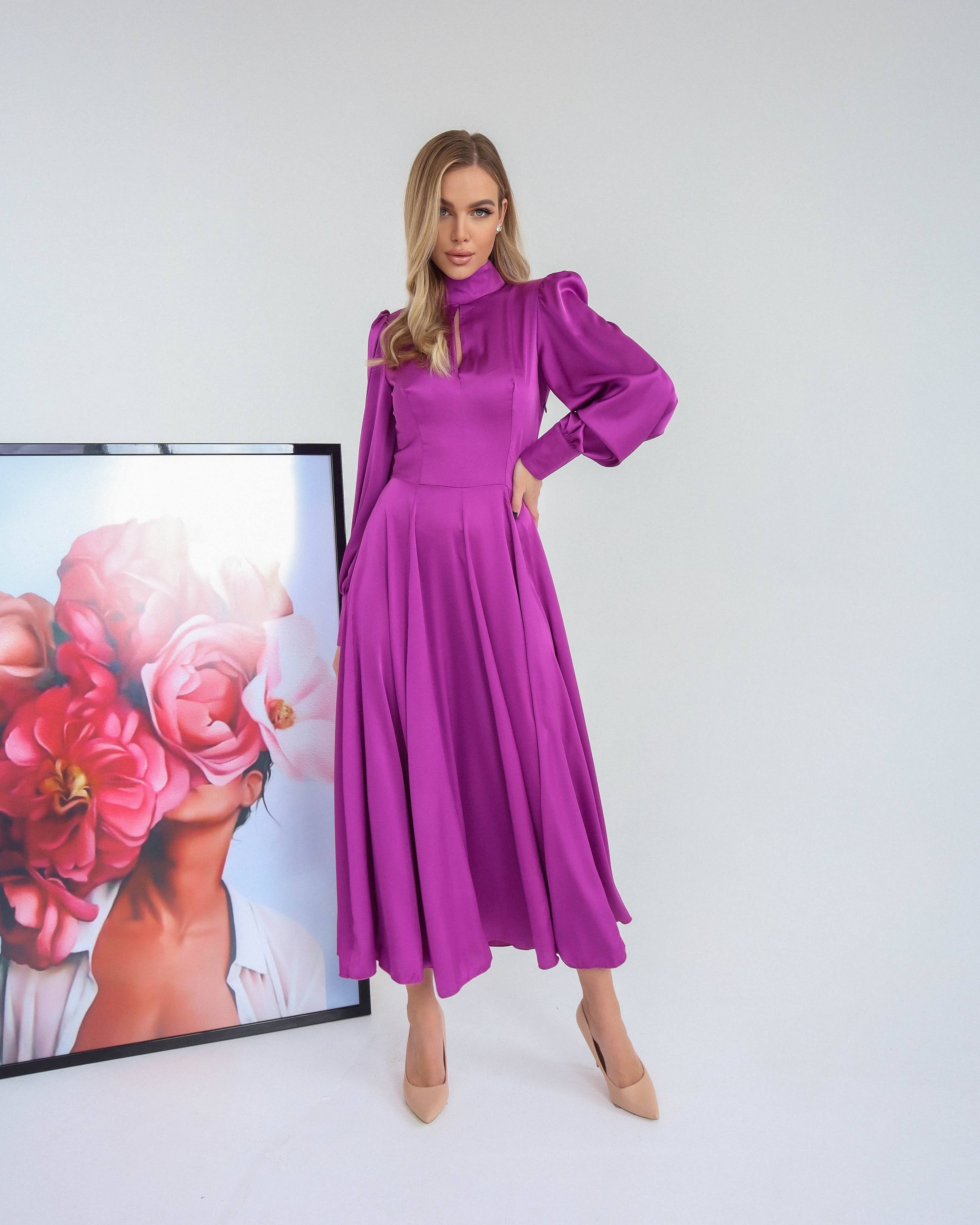 Fuchsia Silk Long Sleeve Maxi Dress
