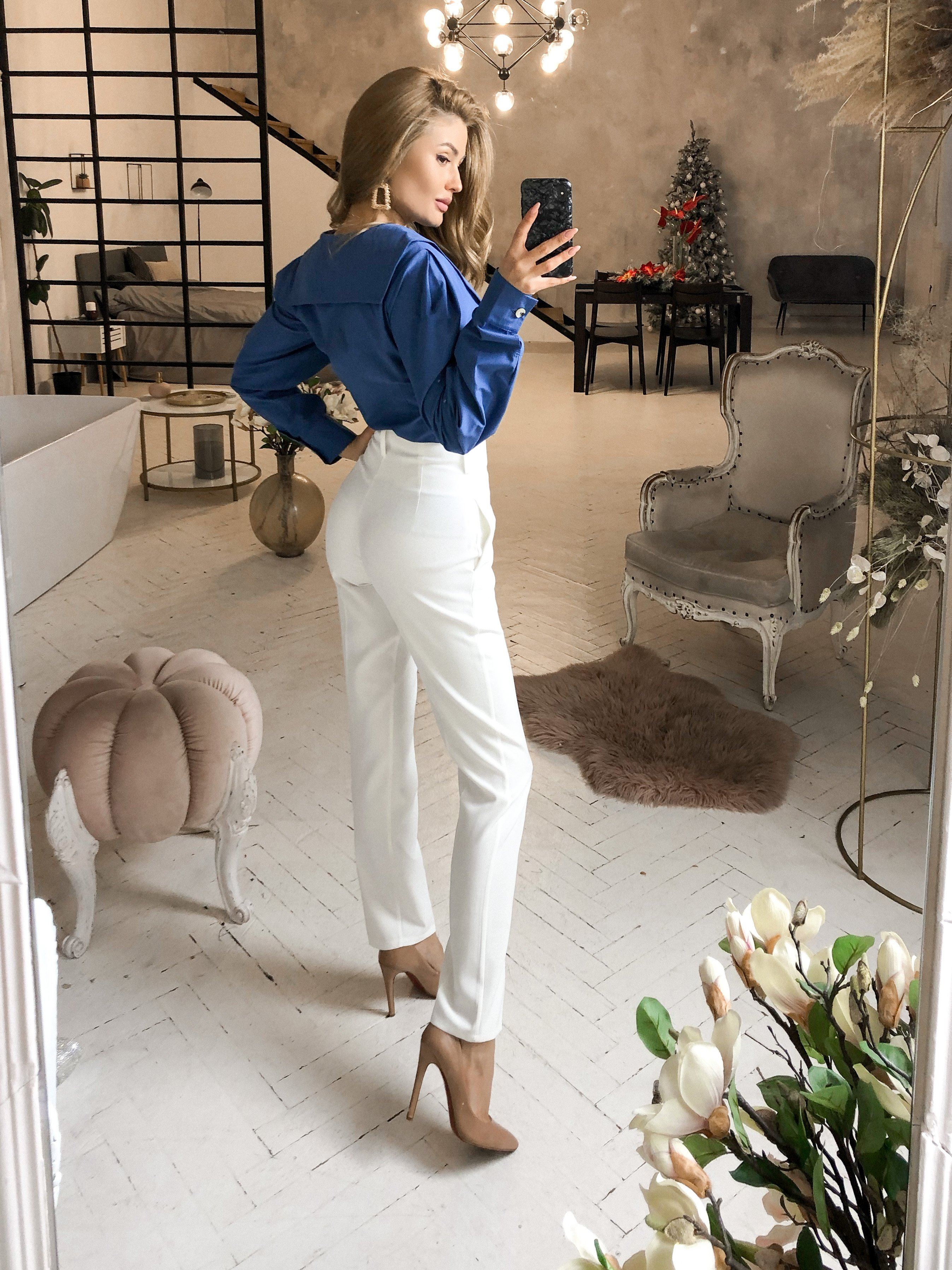 White High Waisted Regular Fit Pants Front