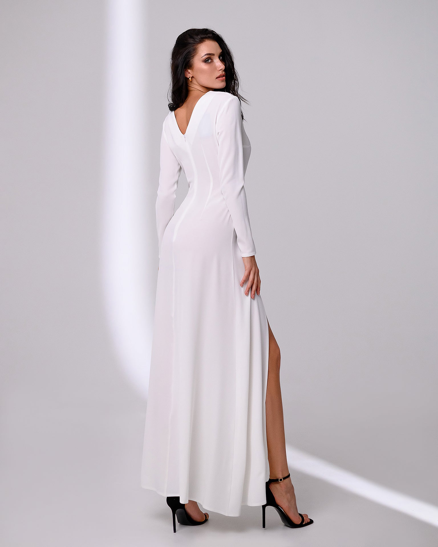 White Long Sleeve Thigh-Slit Maxi Dress
