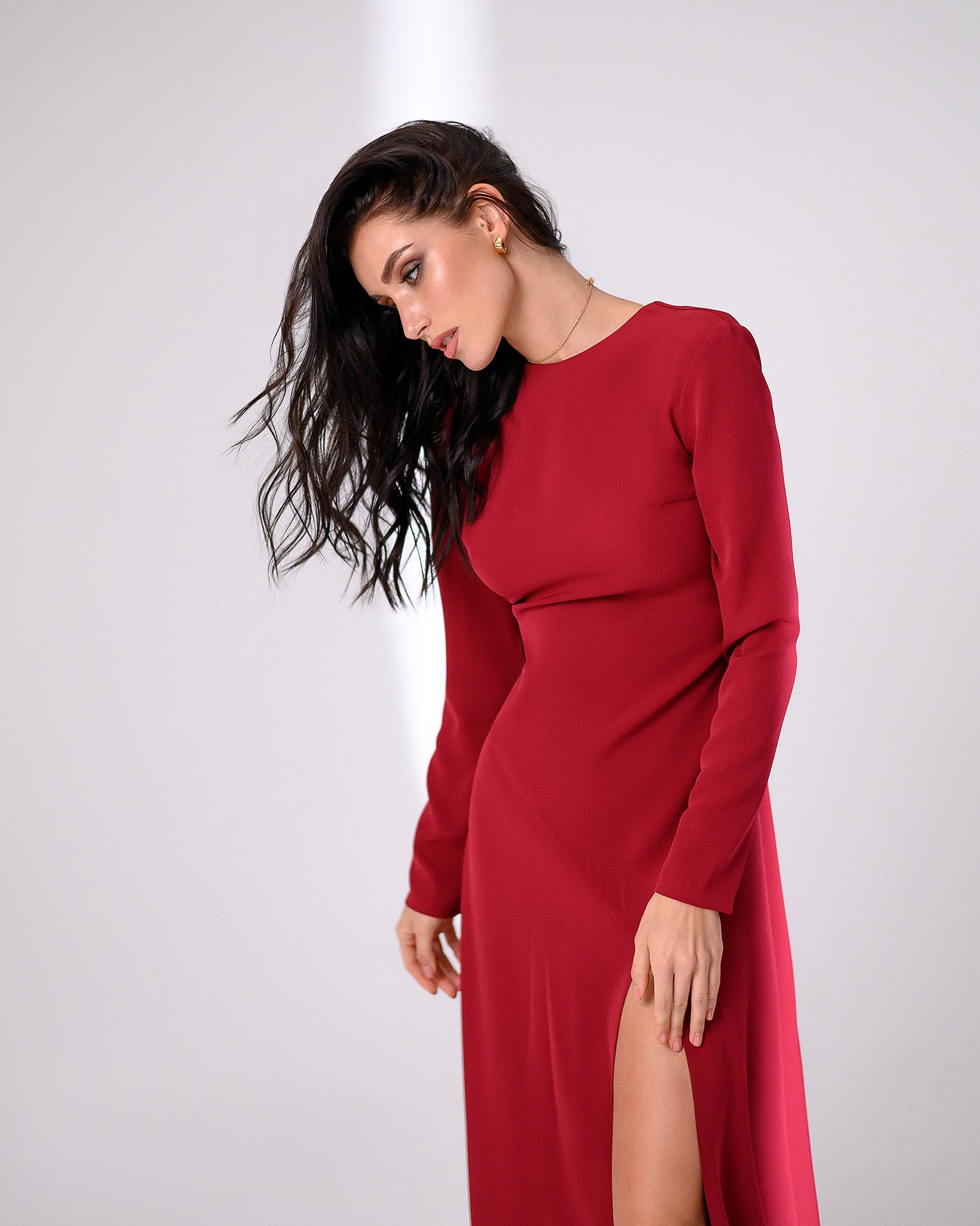 Bordeaux Long Sleeve Thigh-Slit Maxi Dress
