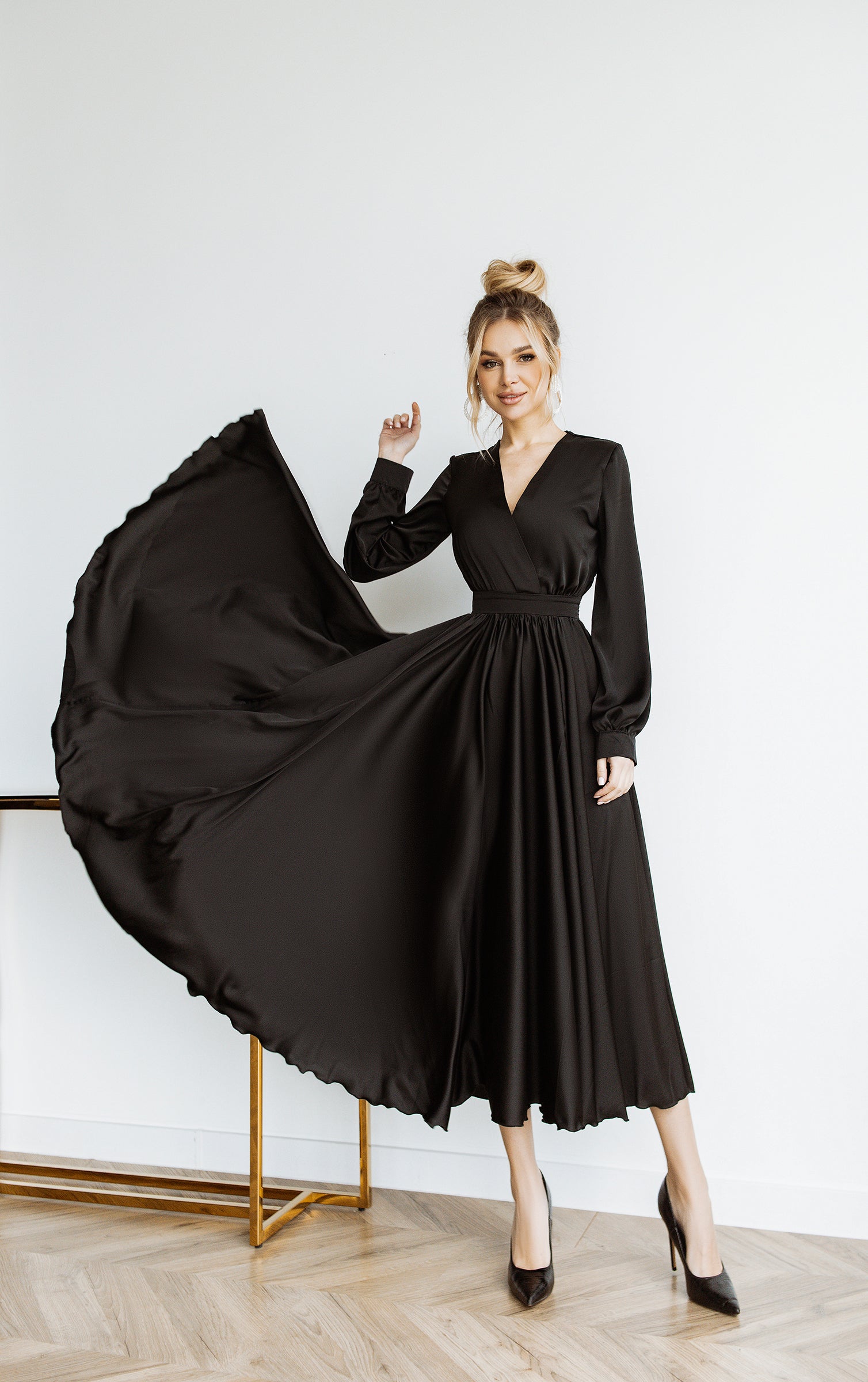 Black Silk Long Sleeve Maxi Dress