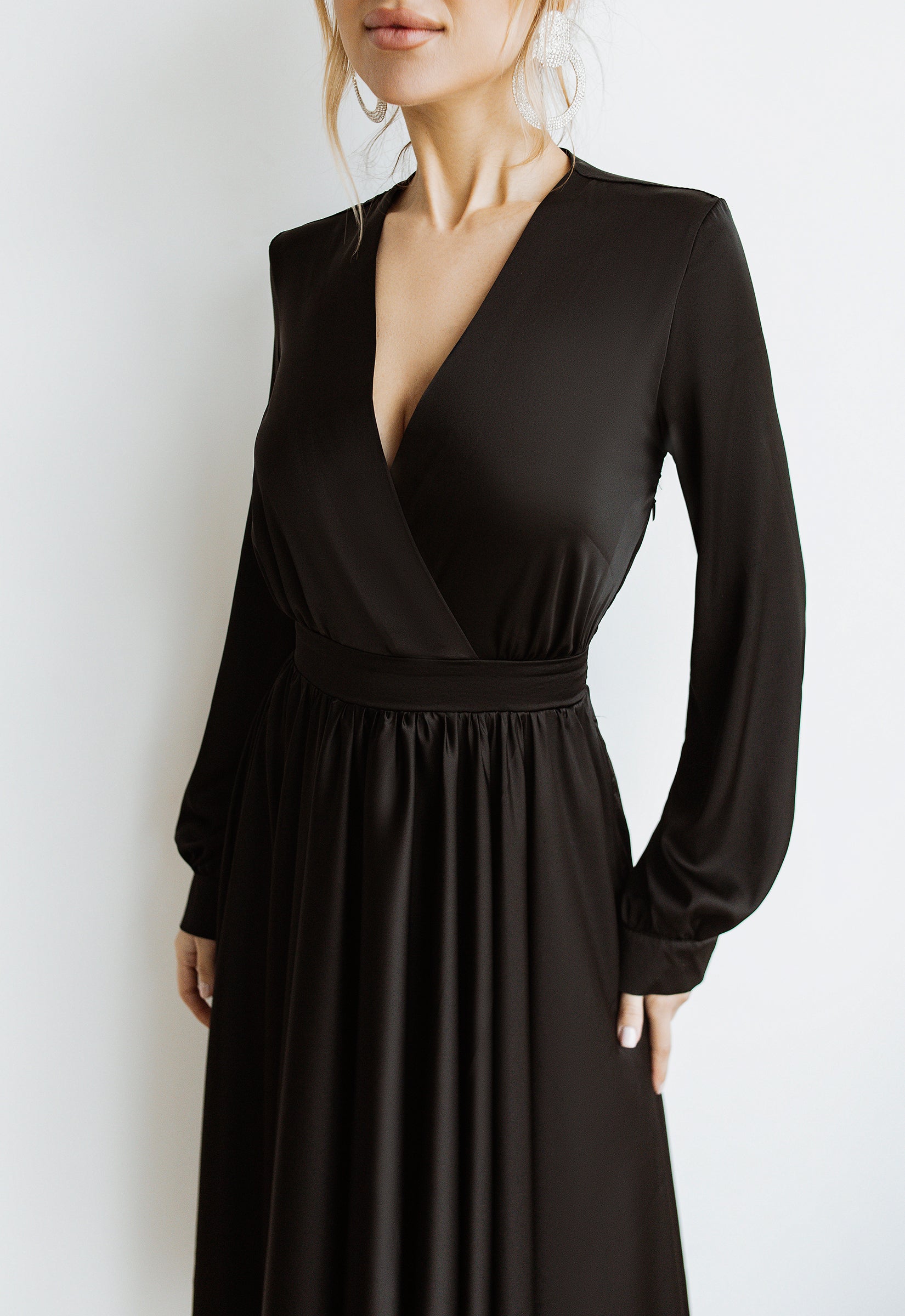 Black Silk Long Sleeve Maxi Dress