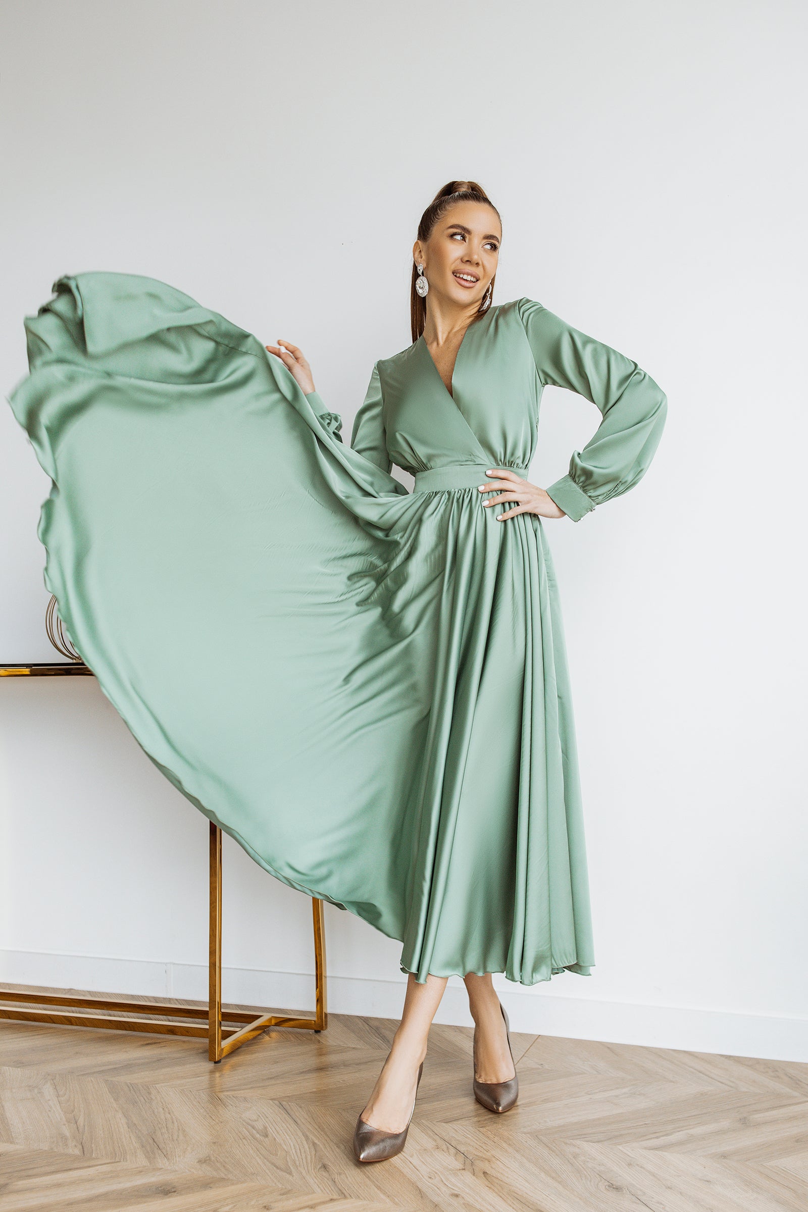 Olive Silk Long Sleeve Maxi Dress
