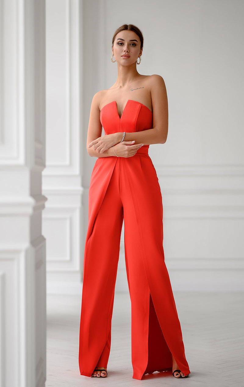 Round Neck Beaded Jumpsuit with Cutout Coral