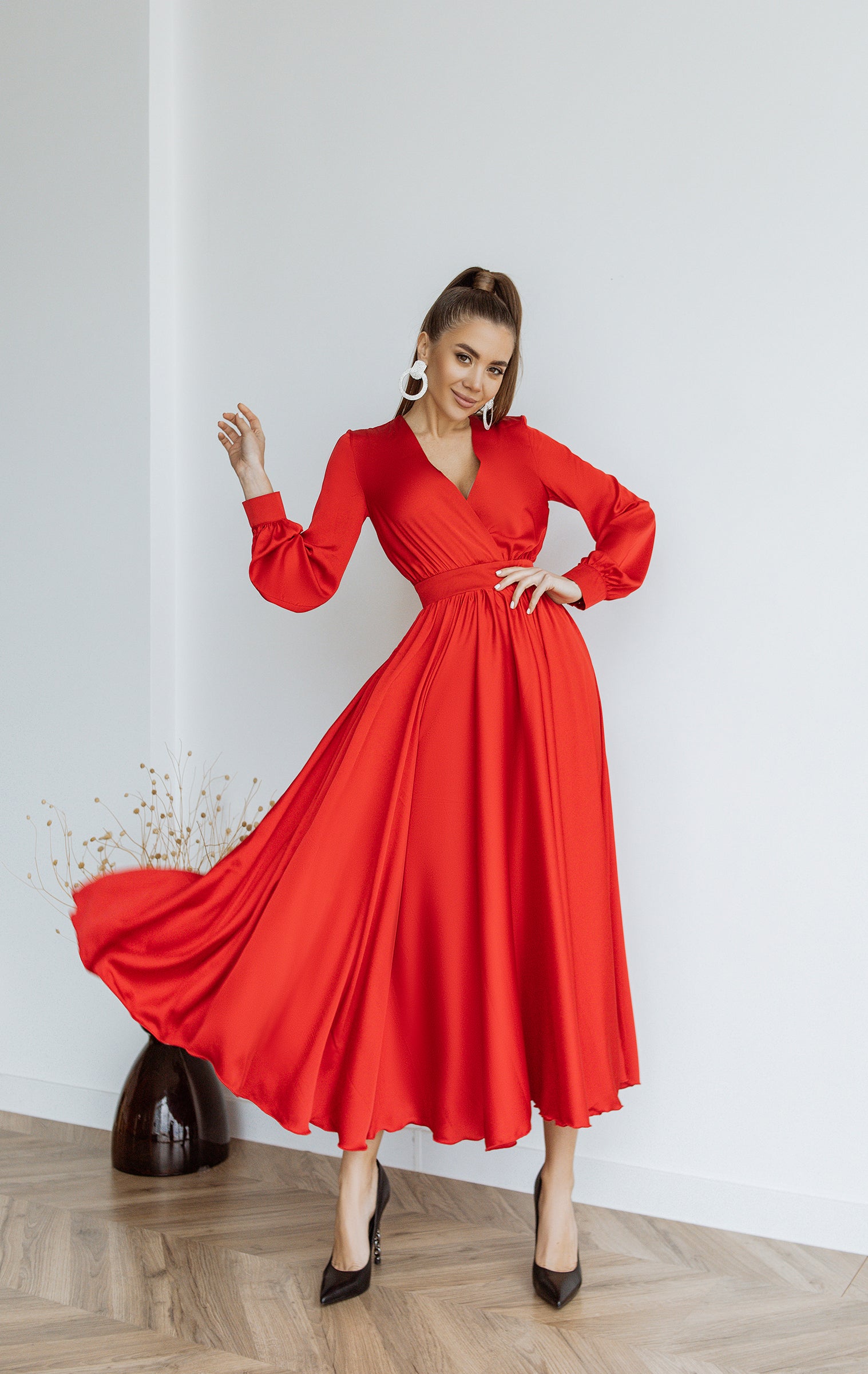 Red Silk Long Sleeve Maxi Dress
