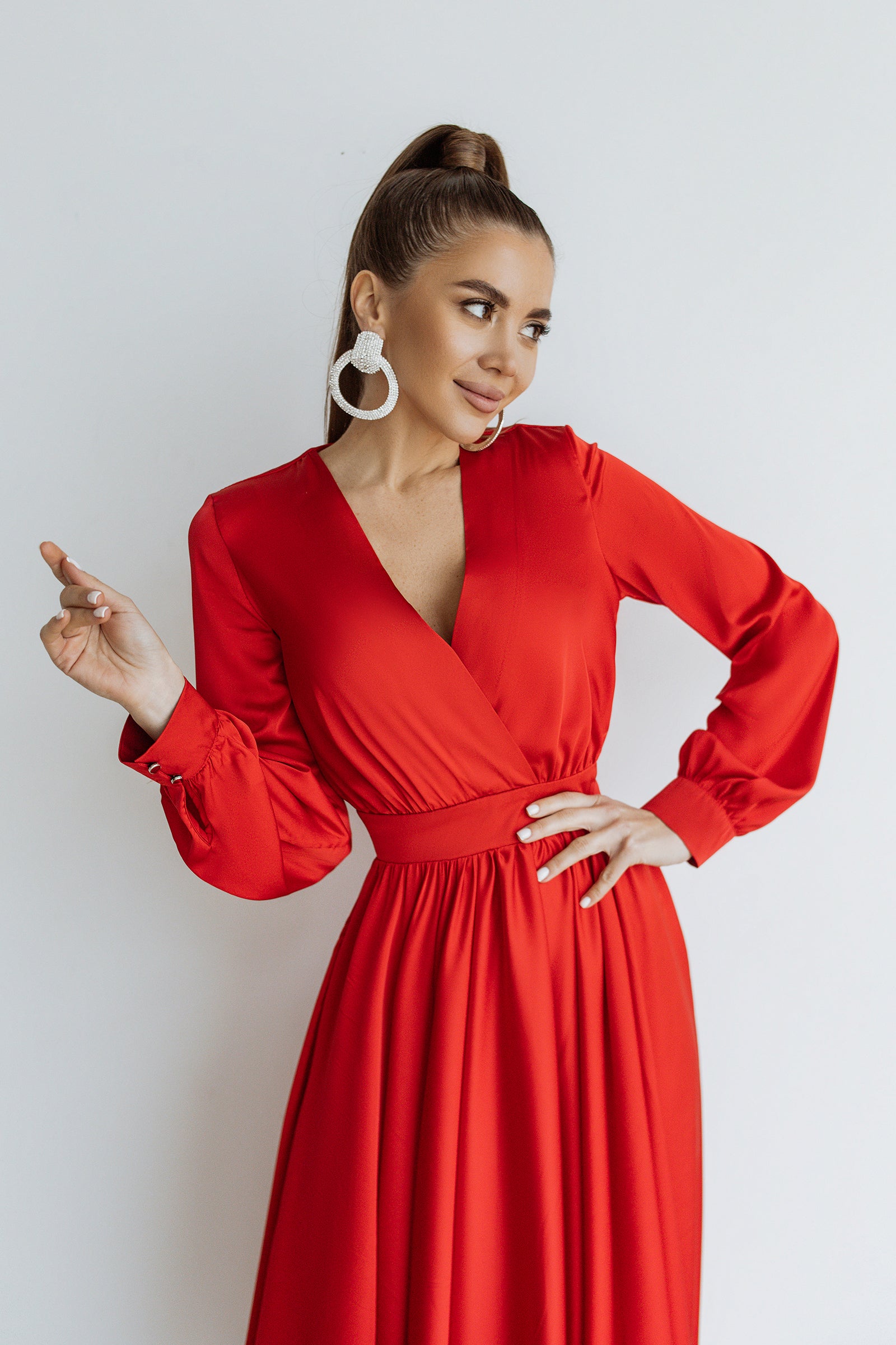 Red Silk Long Sleeve Maxi Dress