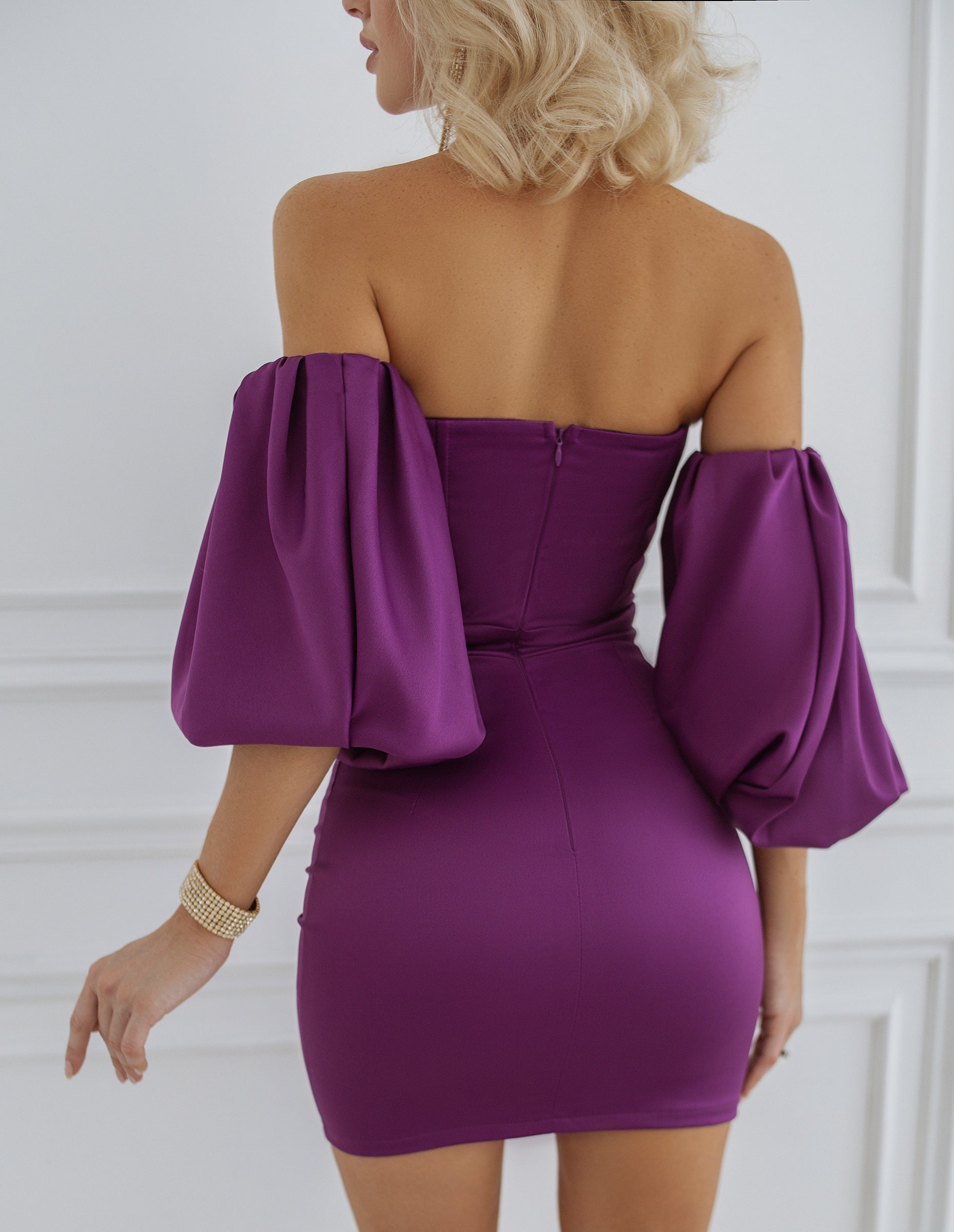 Purple Puffed Sleeve Mini Prom Dress