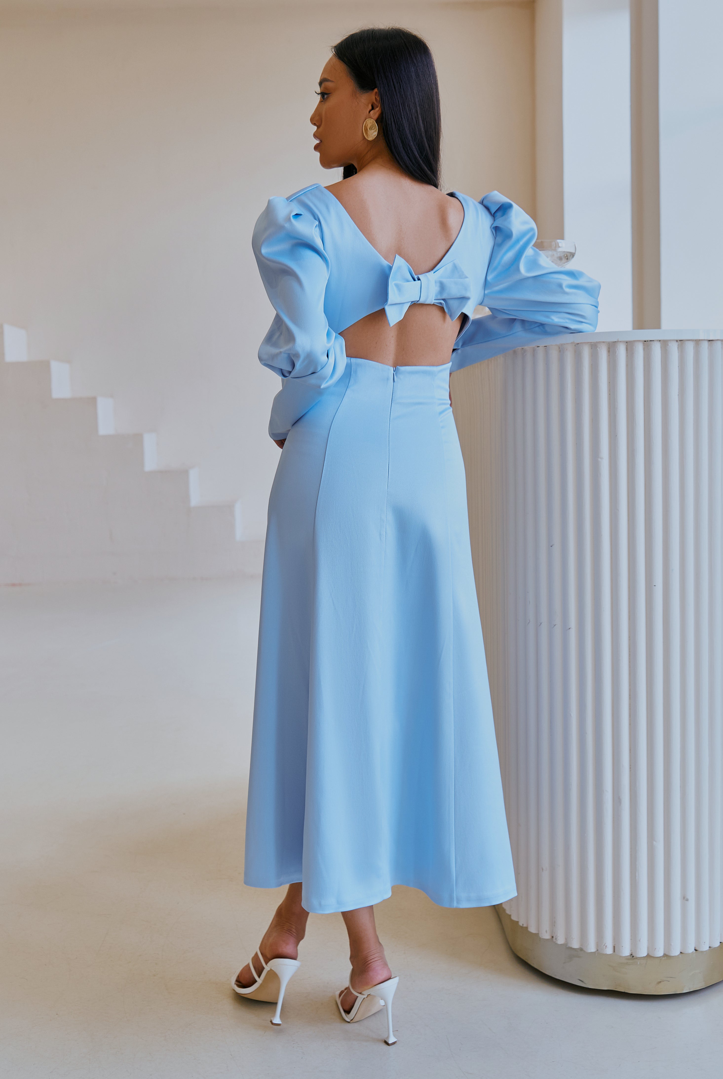 Sky-Blue Satin Bow Back Midi Dress 