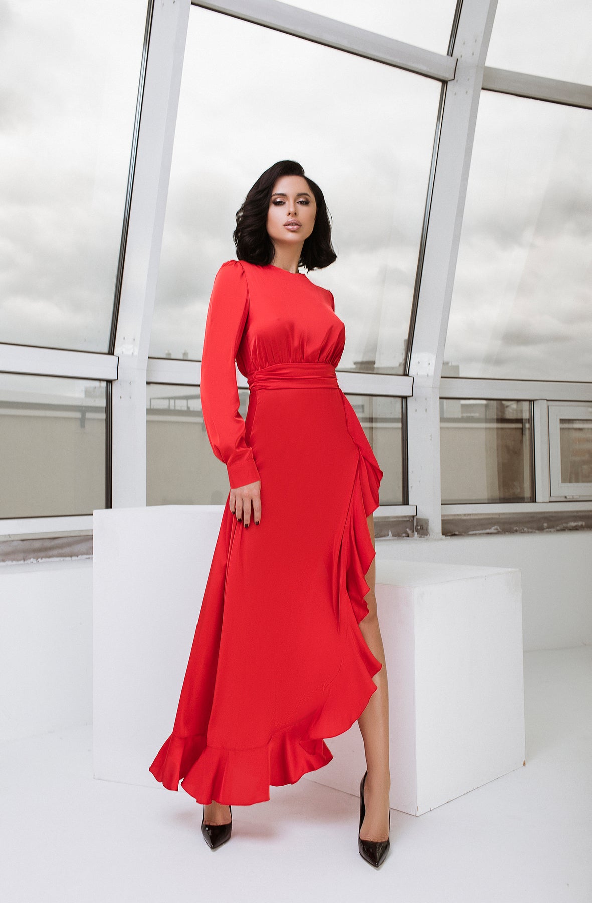 Red Thigh-Slit Maxi Dress