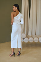 White One-Shoulder Belted Midi Dress