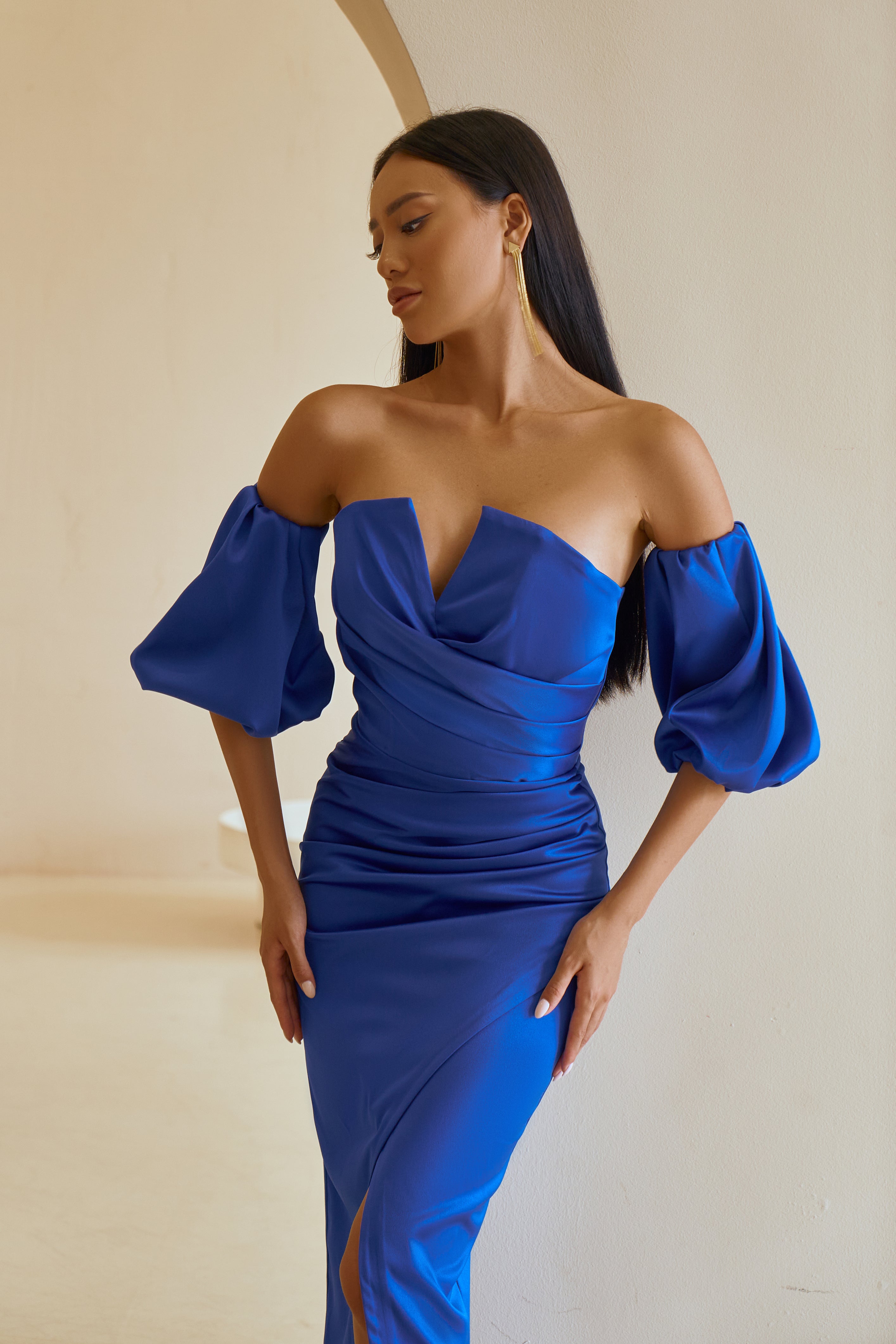 Sax Blue Satin Puff-Sleeve Midi Dress