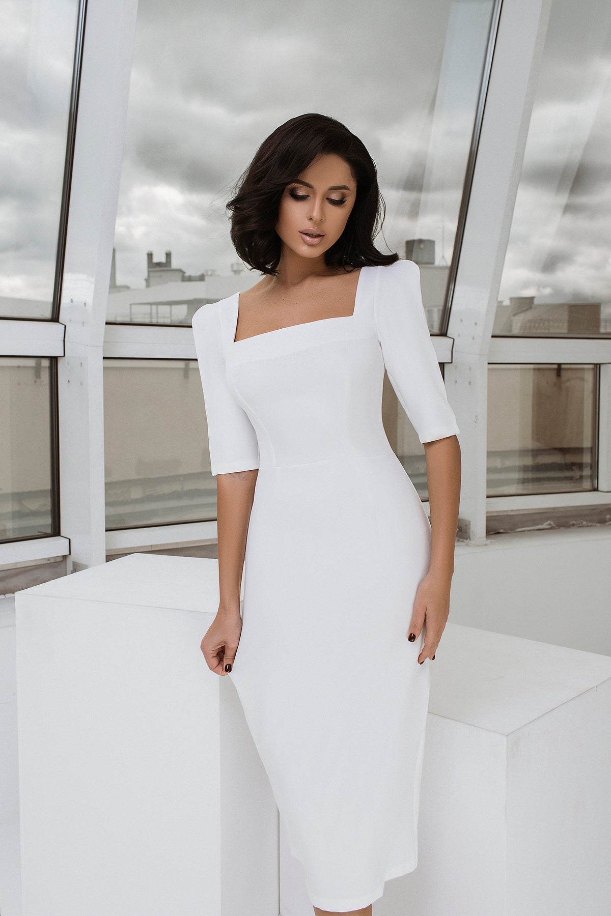 Square Neck All White Midi Bodycon Dress Bodycon Midi Square Neck