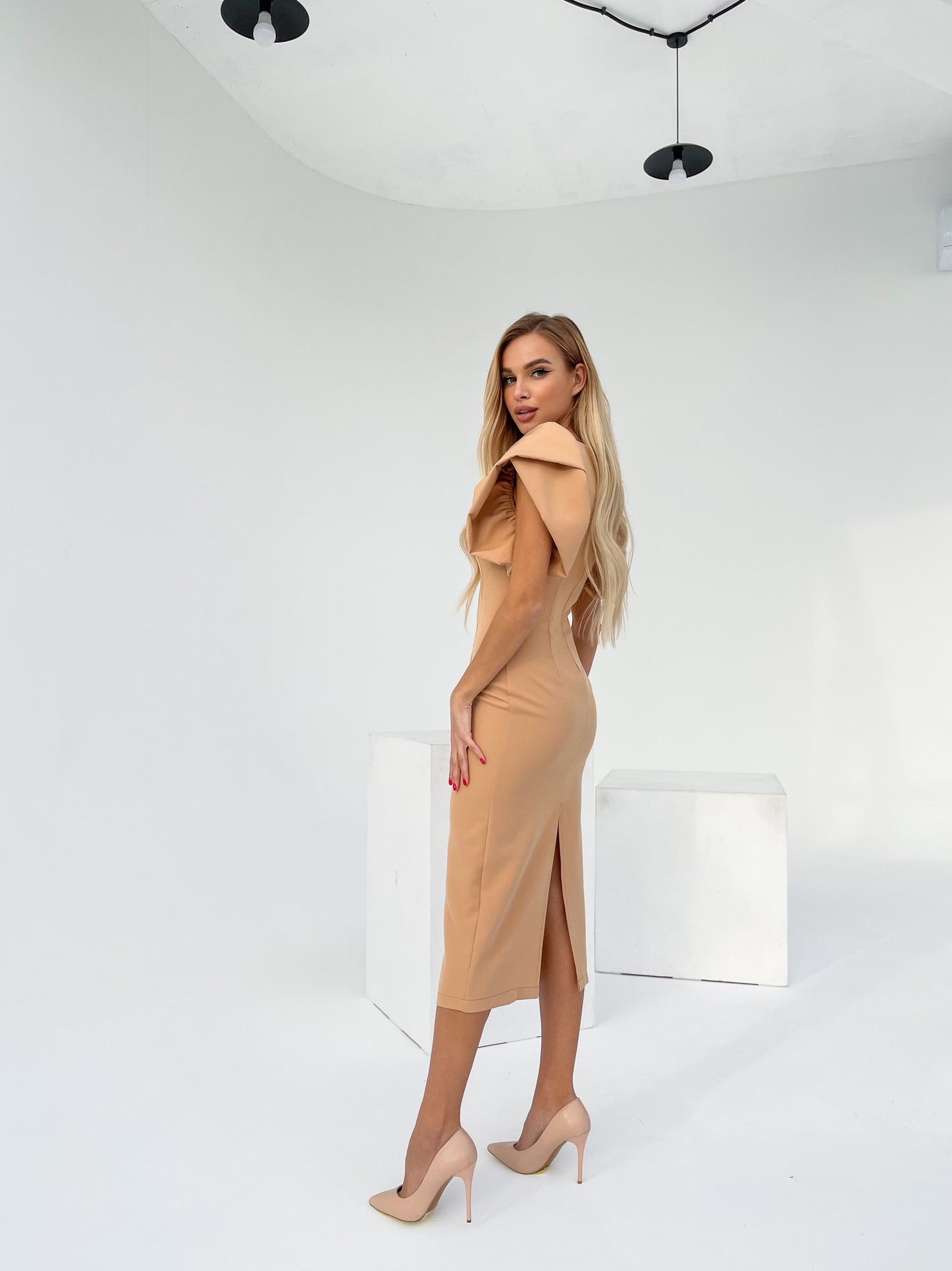 Alexa Beige Puff Sleeve Midi Dress