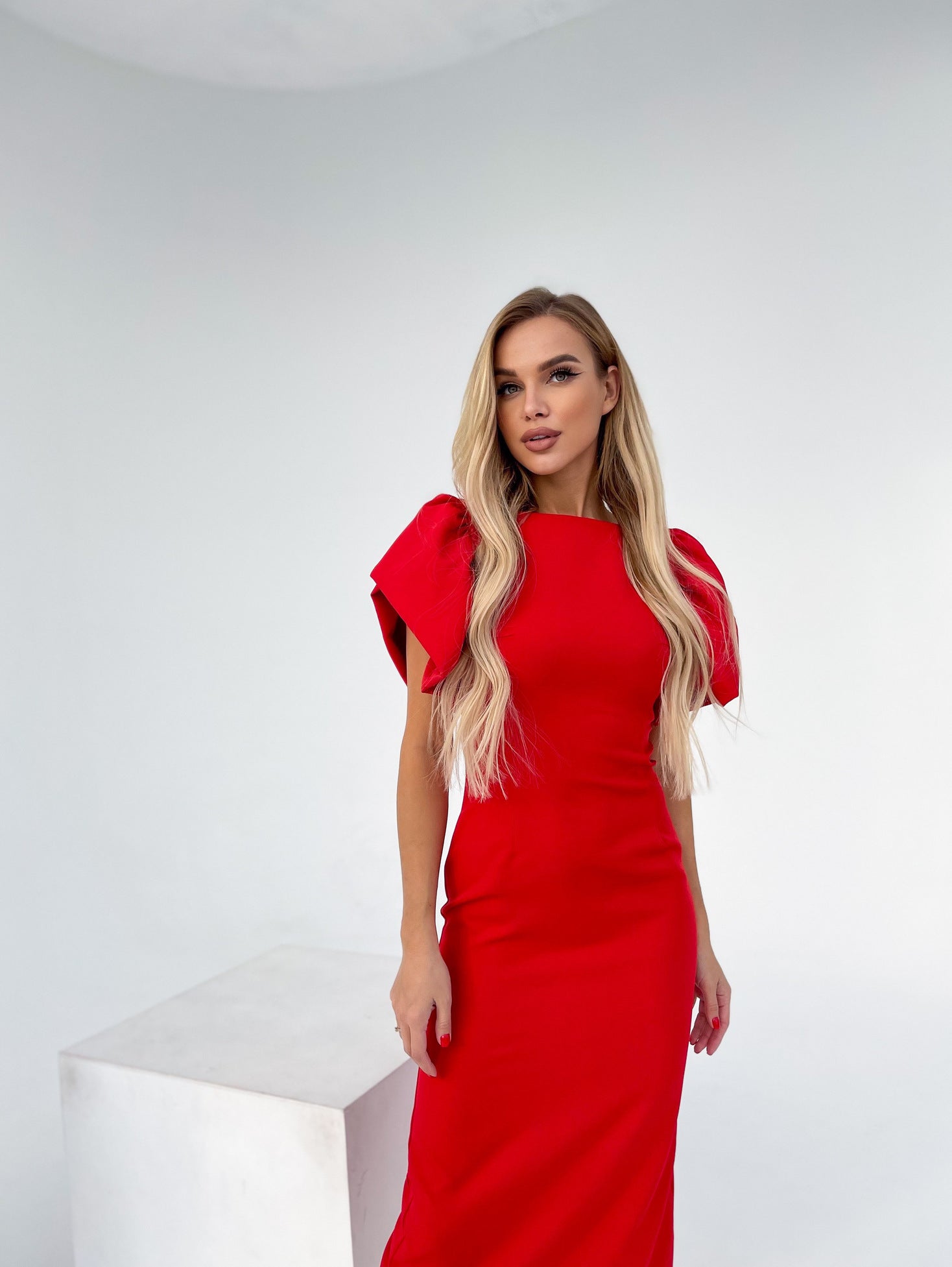 Alexa Red Puff Sleeve Midi Dress