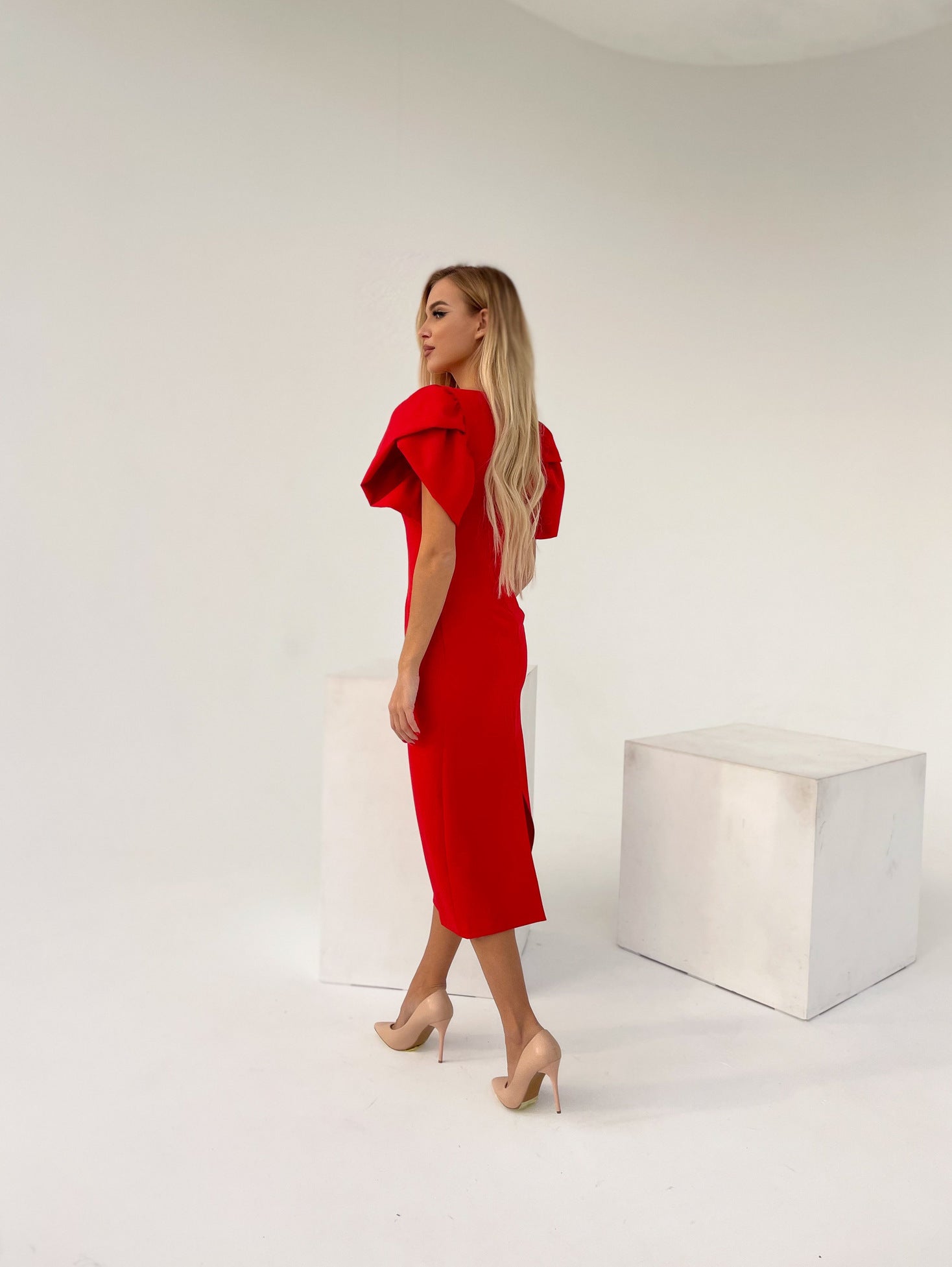 Alexa Red Puff Sleeve Midi Dress