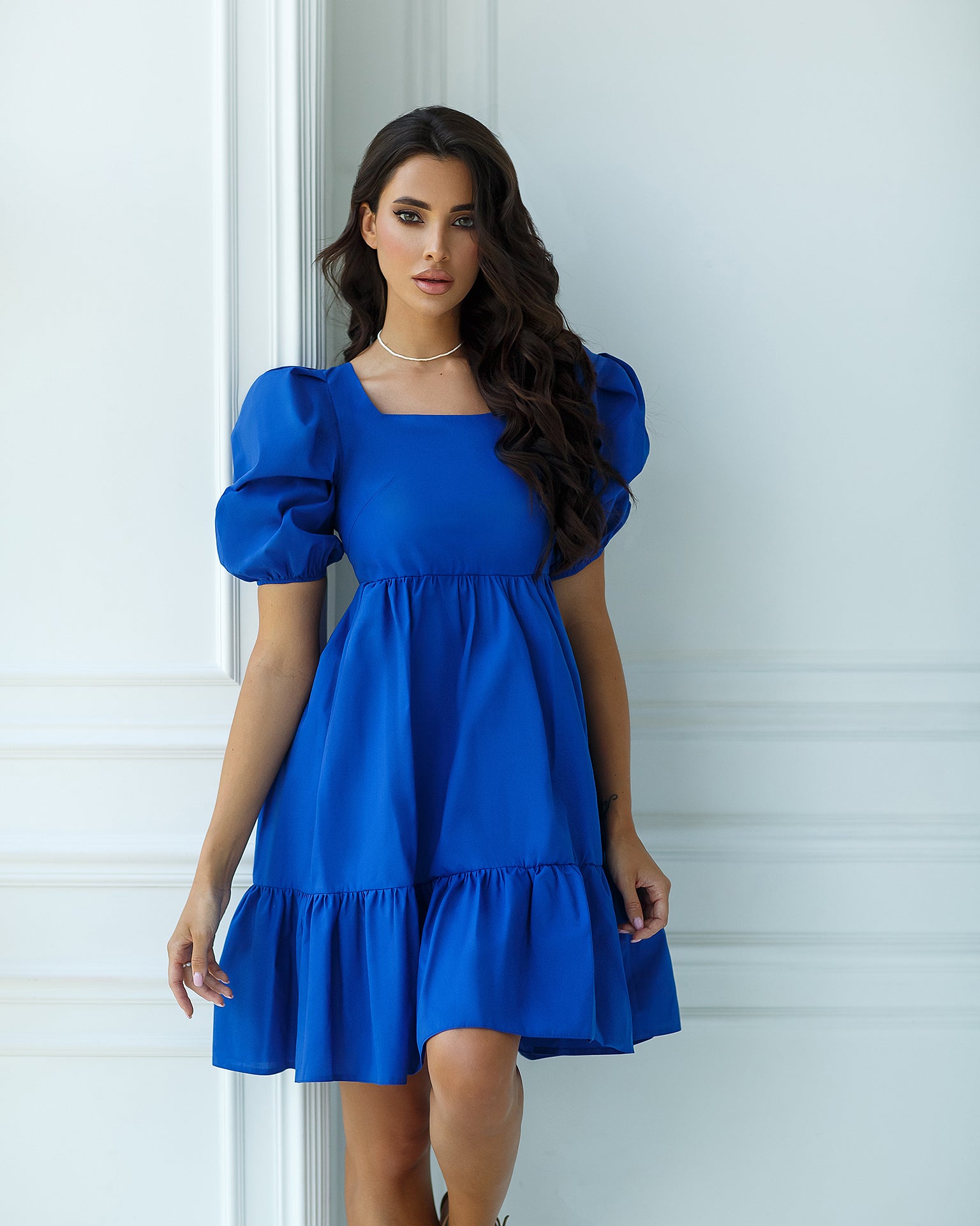 Blue Square Neck Puff-Sleeve Mini Dress