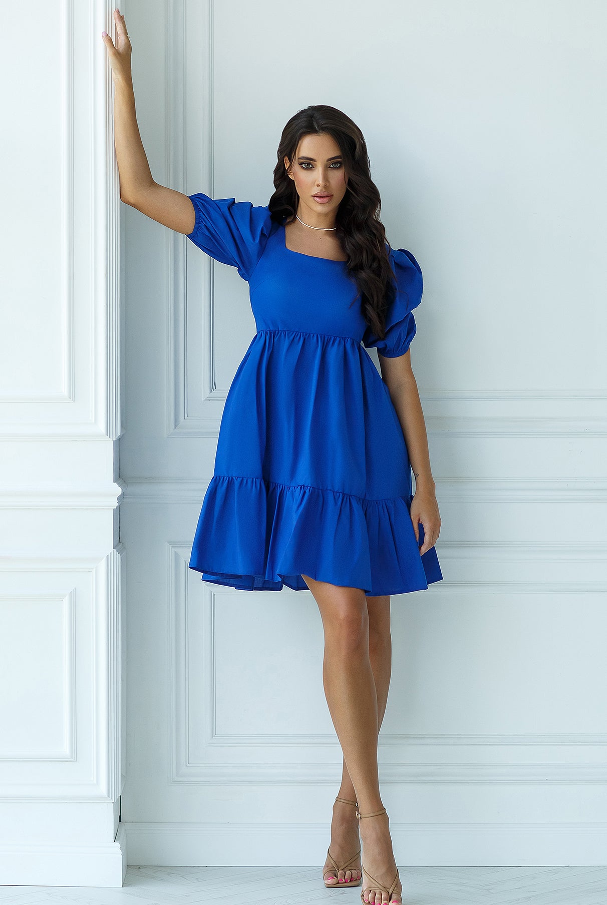 Blue Square Neck Puff-Sleeve Mini Dress