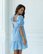 Sky-Blue Square Neck Puff-Sleeve Mini Dress