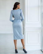 Sky-Blue Satin Long Sleeve Midi Dress