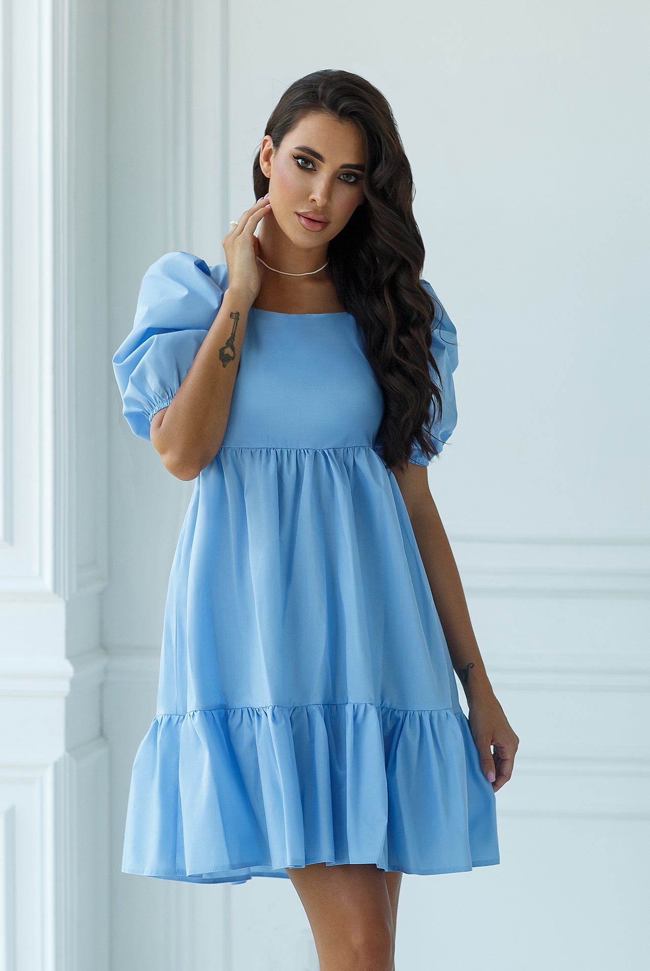 Sky-Blue Square Neck Puff-Sleeve Mini Dress