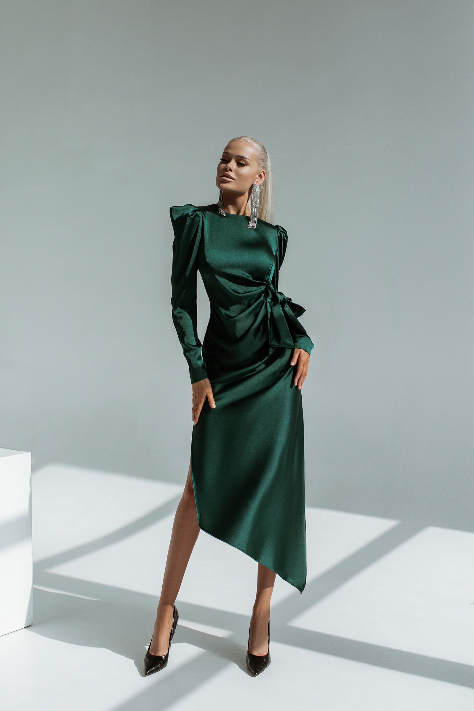 Emerald Puff Sleeve Wrap Dress