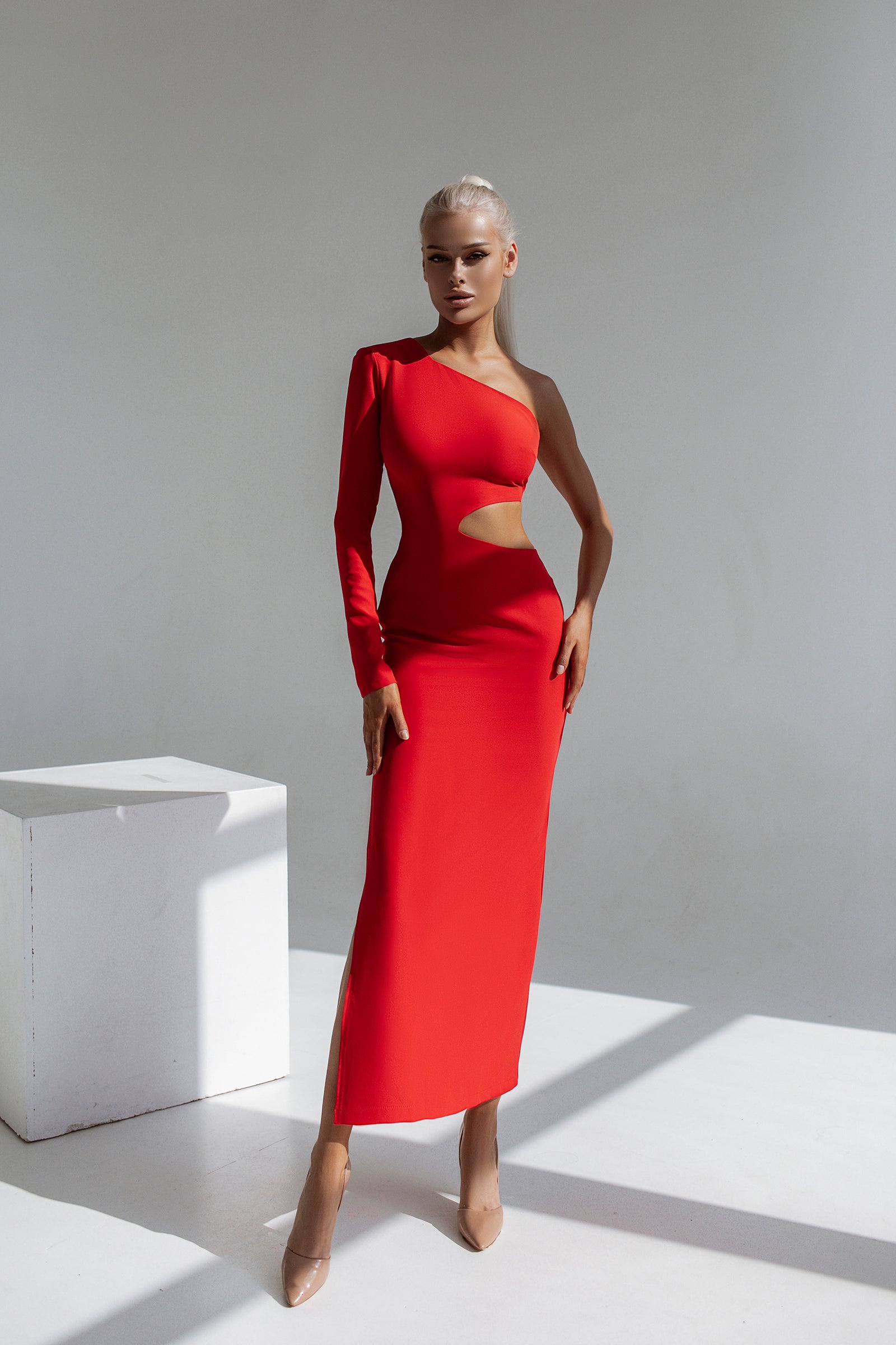 Red One-Shoulder Cut-Out Midi Dress