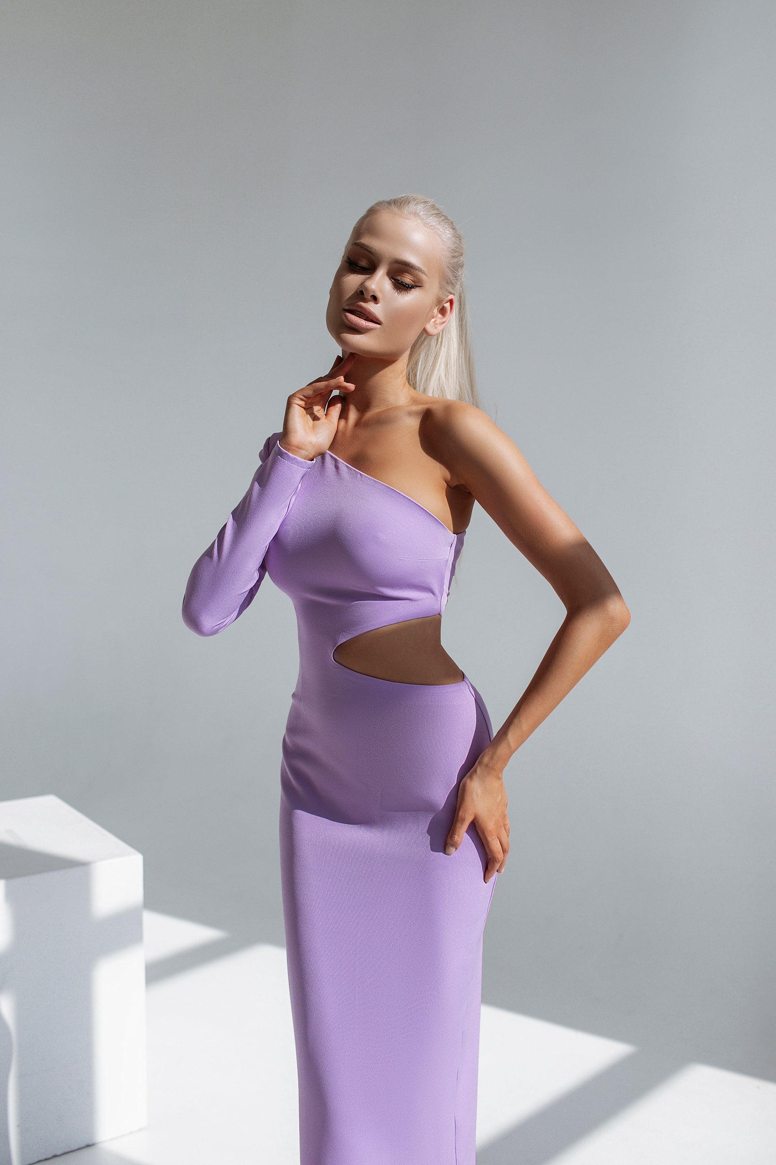 Lavender One-Shoulder Cut-Out Midi Dress