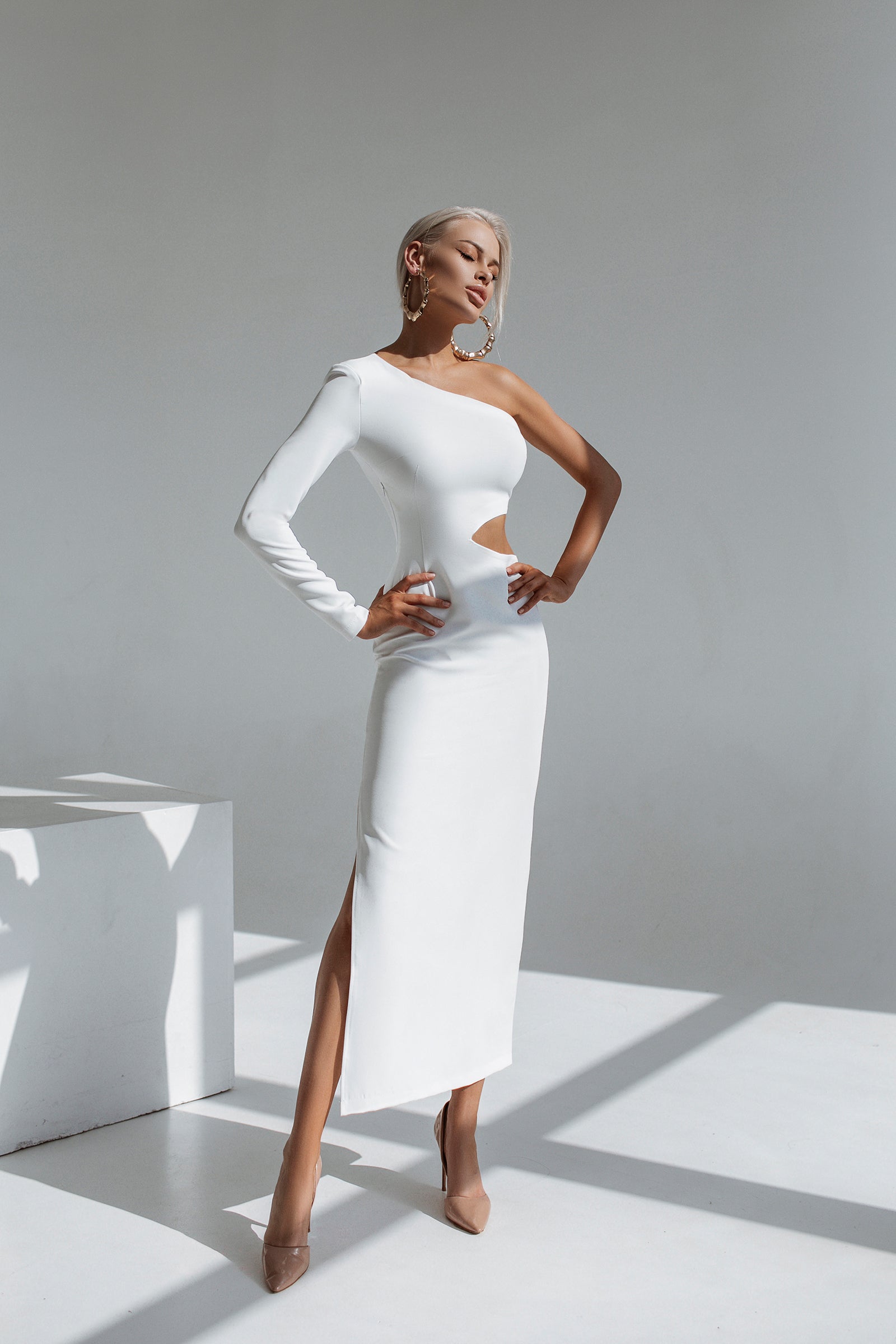 White One-Shoulder Cut-Out Midi Dress