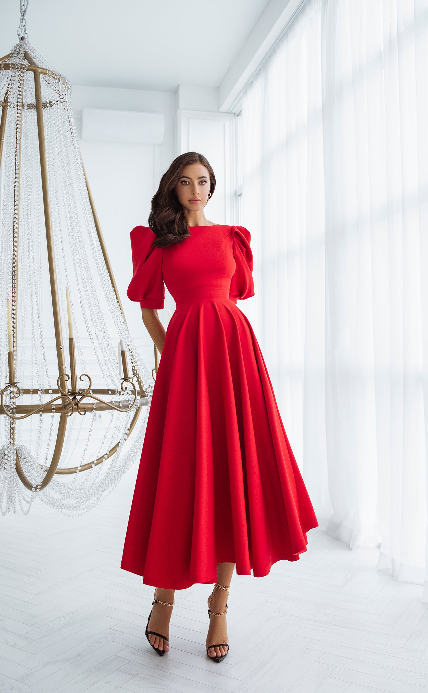 Red Backless Puff Sleeve Midi Dress Flowy Alluring Style Red M