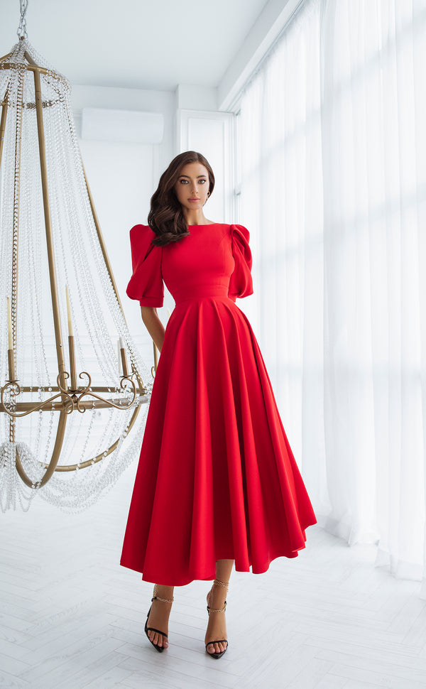 Red Backless Puff-Sleeve Midi Dress - Flowy Alluring Style
