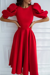 Puffed Shoulders Flared Skirt Red Dress