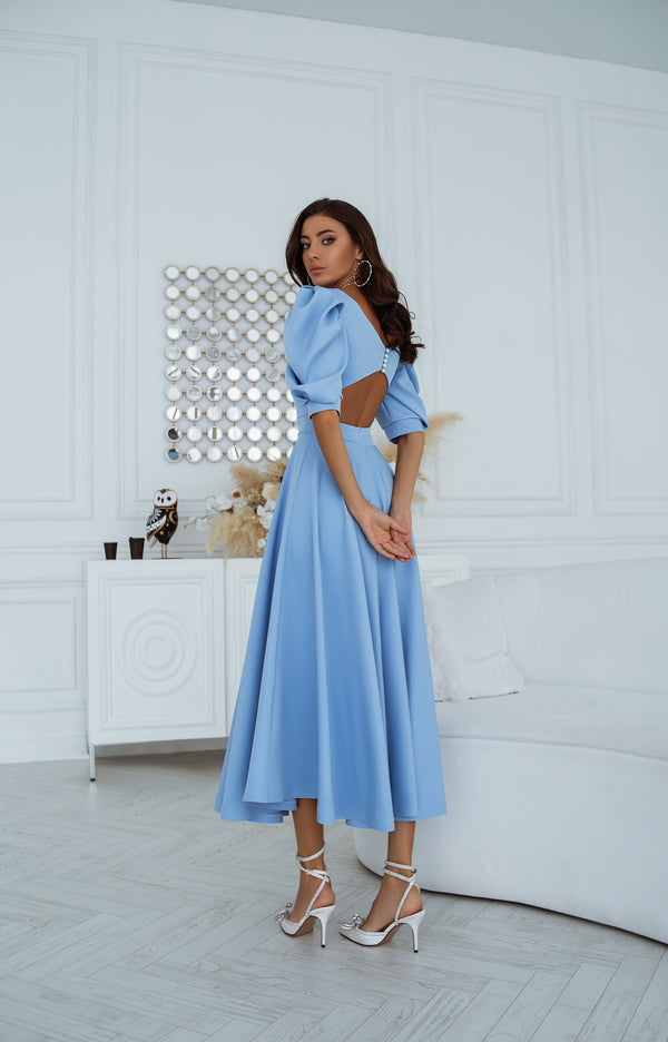 Sky-Blue Backless Puff-Sleeve Midi Dress - Sophisticated and Elegant