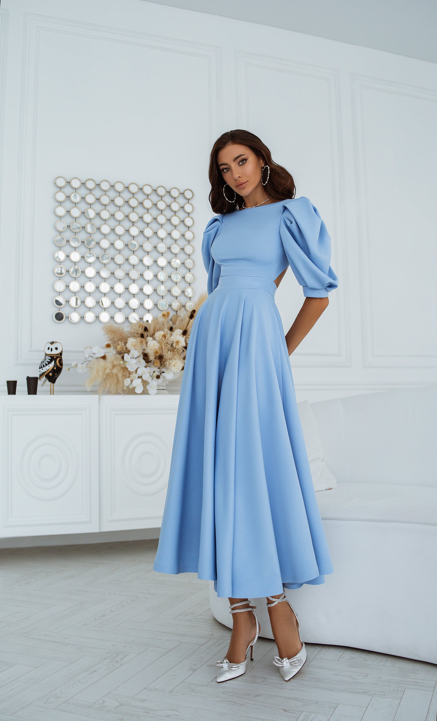 Sky-Blue Backless Puff-Sleeve Midi Dress