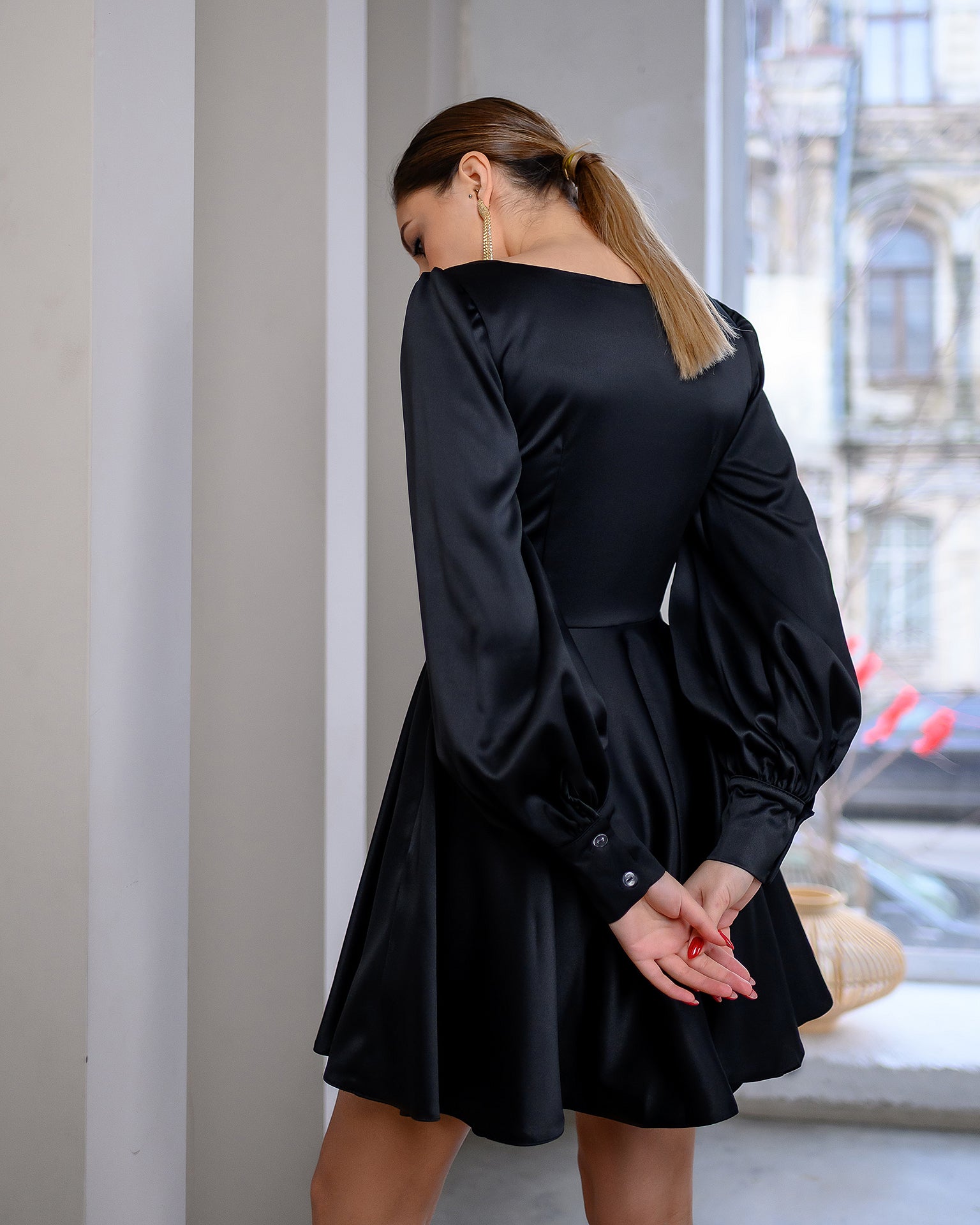 Black Satin Long Sleeve Mini Dress