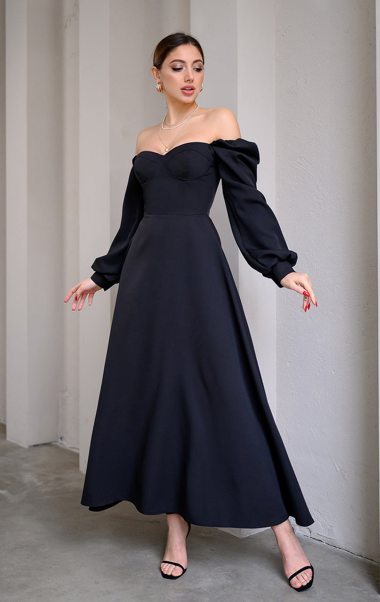 Black Puff-Sleeve Midi Dress – ELAGIA