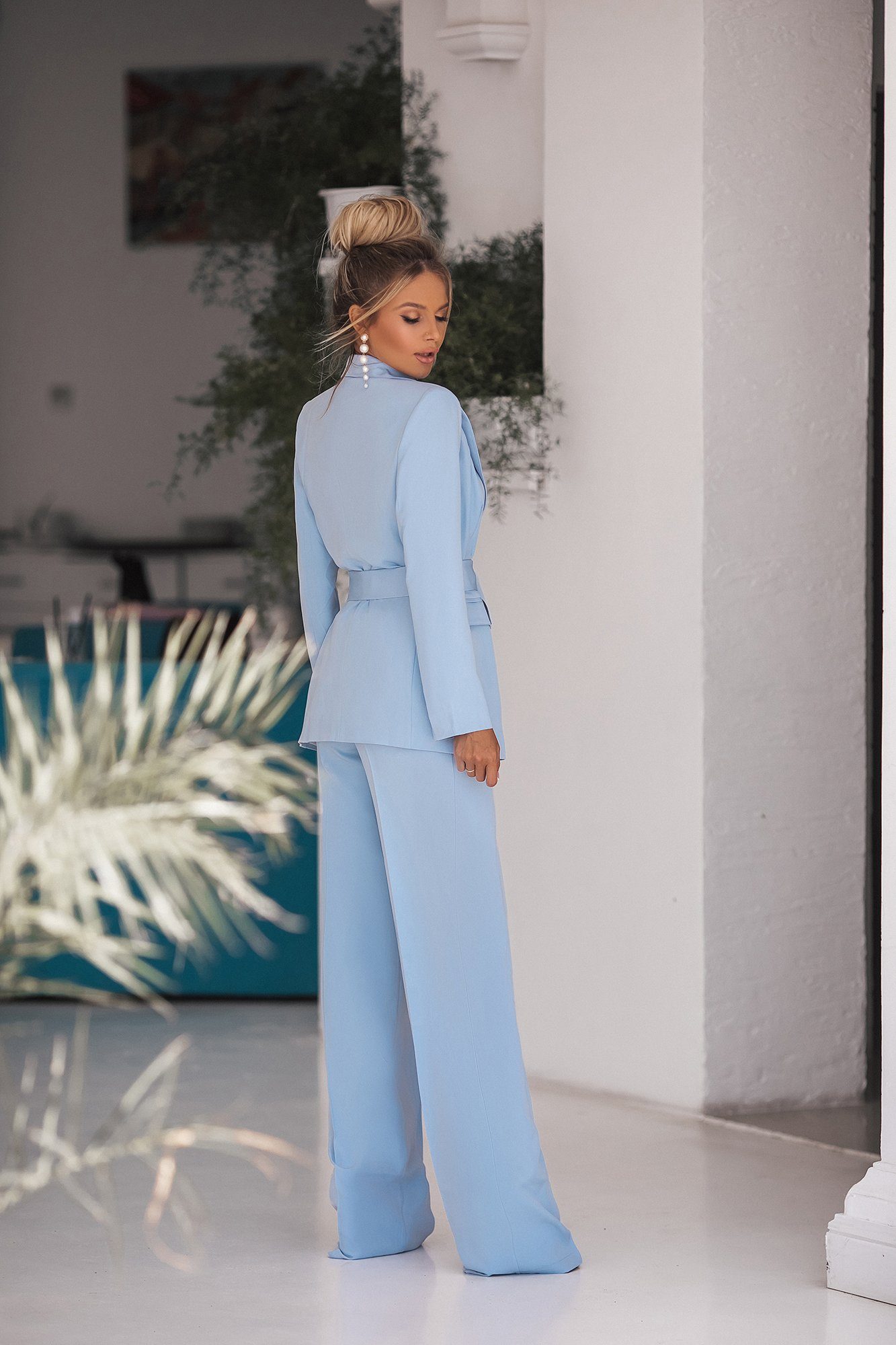 Sky-Blue Belted Double Breasted Suit 2-Piece