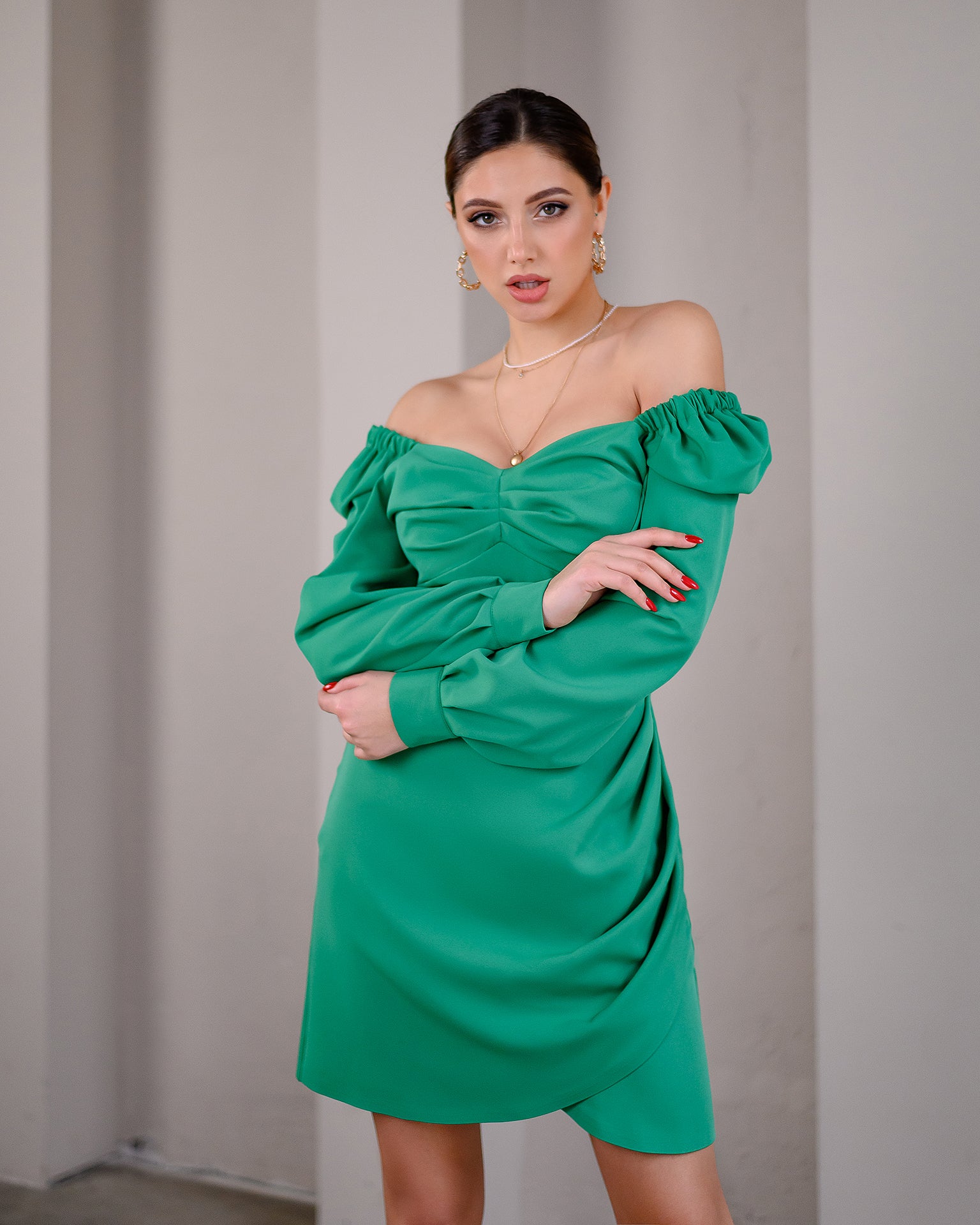 Green Puff-Sleeve Mini Dress