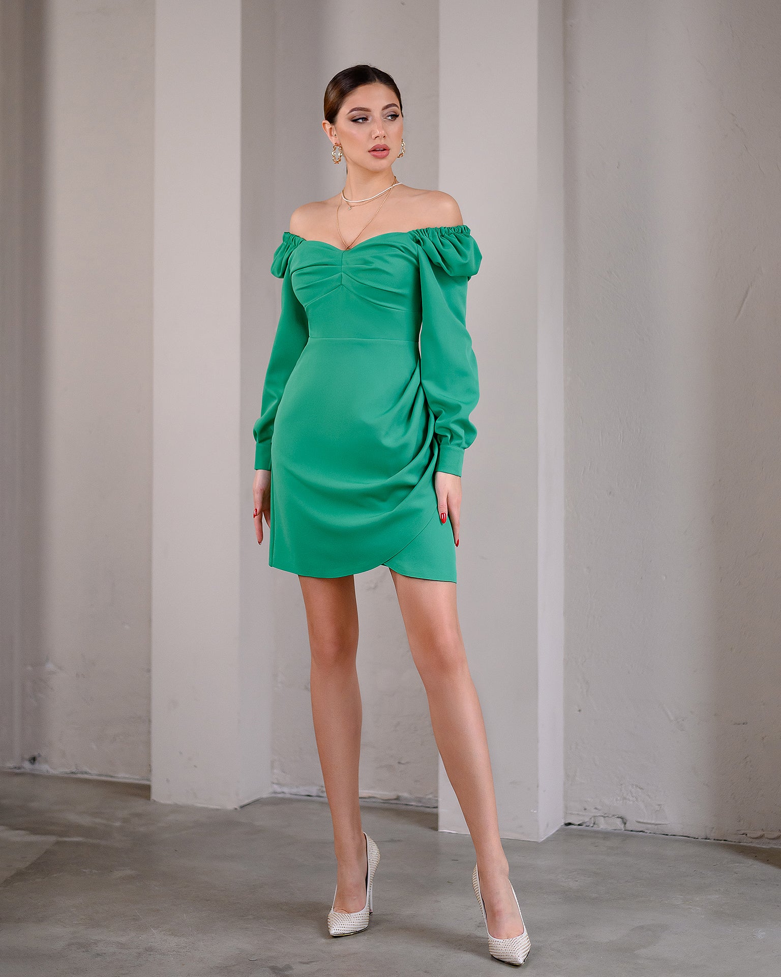 Green Puff-Sleeve Mini Dress