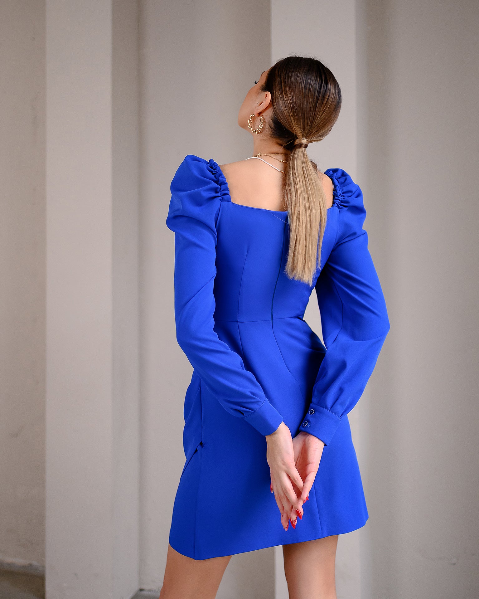 Blue Puff-Sleeve Mini Dress