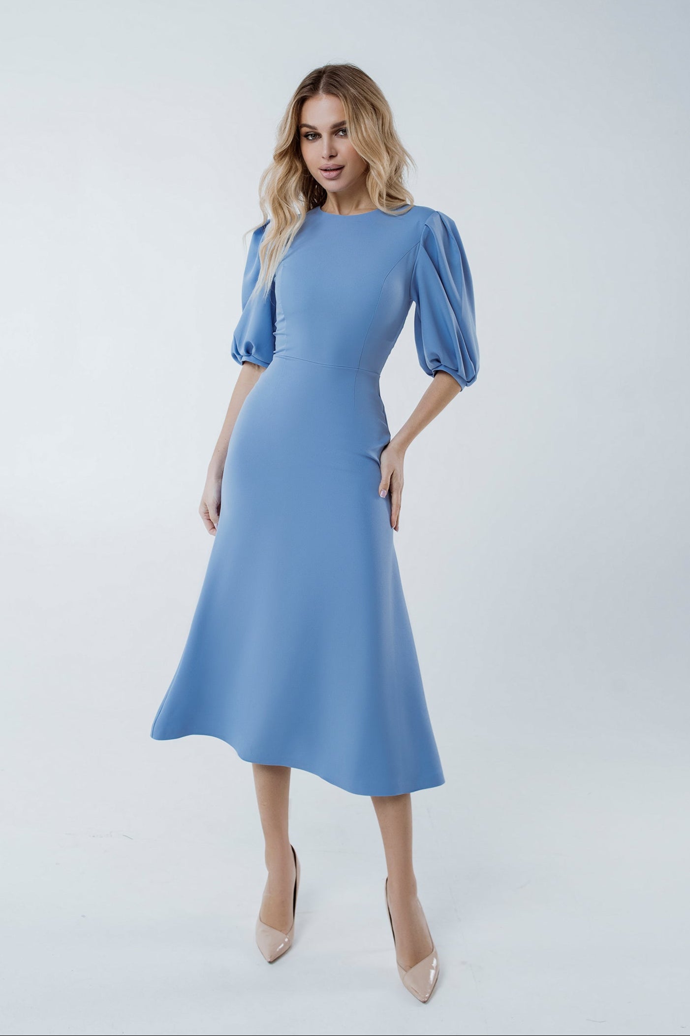 Sky-Blue Puff Sleeve Midi Dress – ELAGIA