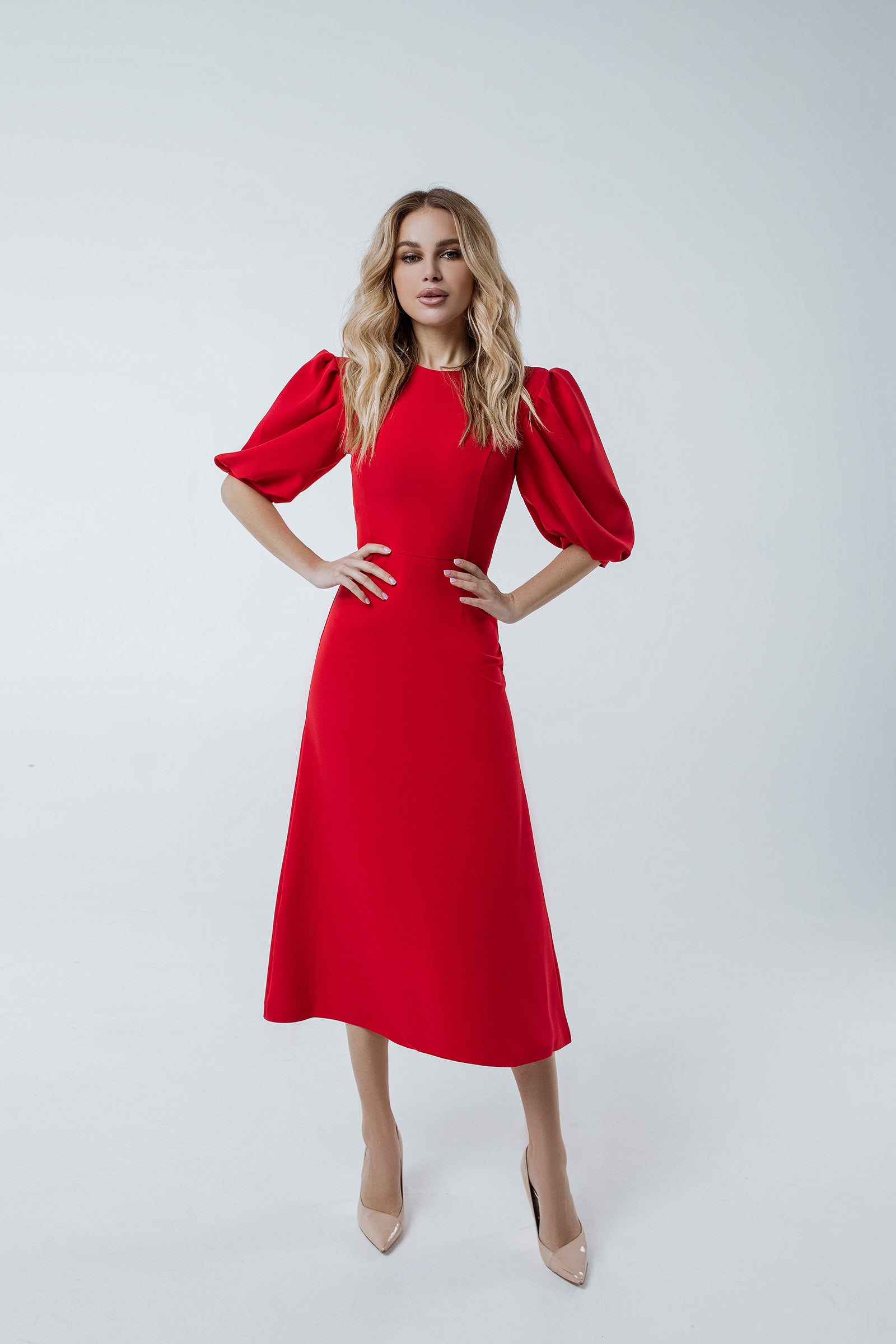 Red Puff Sleeve Midi Dress