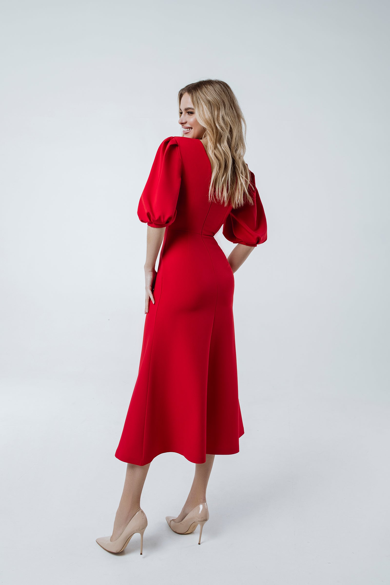 Red Puff Sleeve Midi Dress