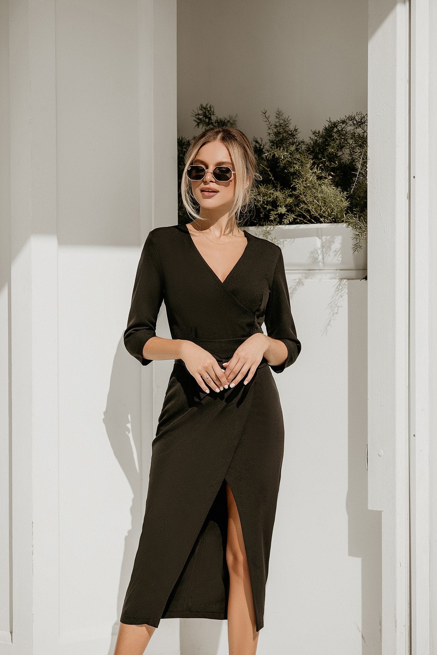 Black Short Sleeve Wrap  Midi Dress