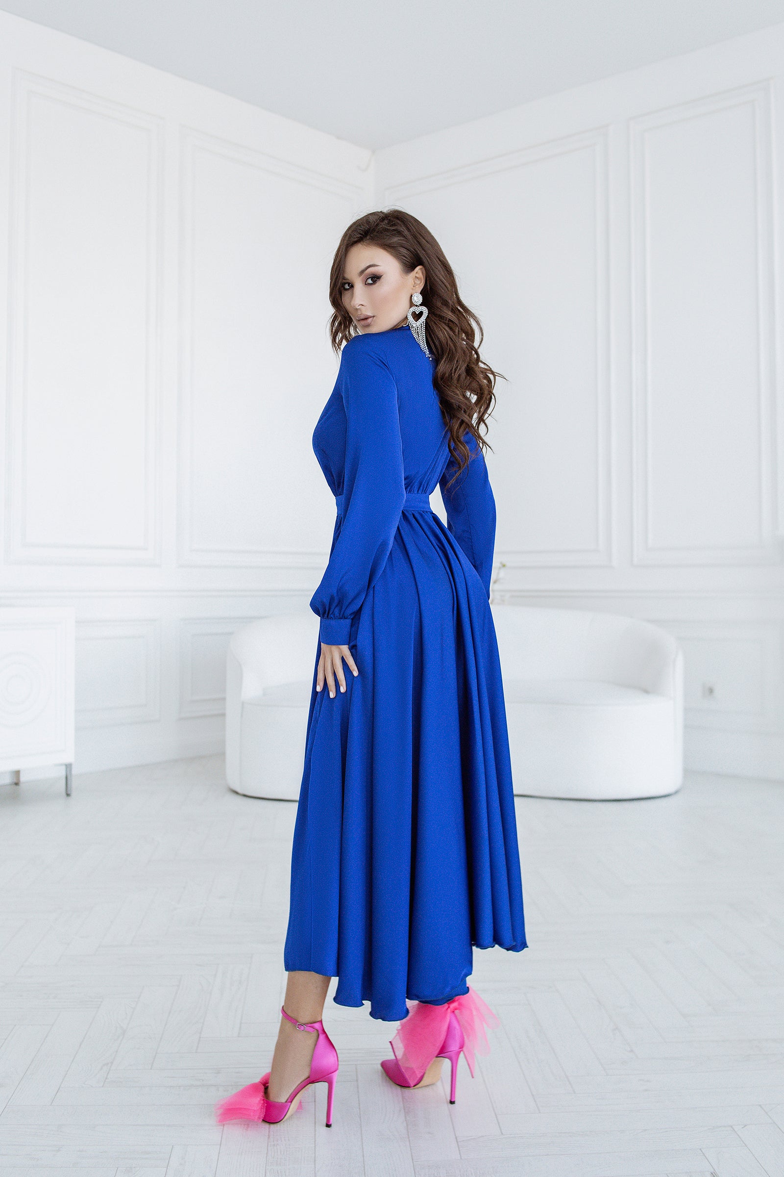 Blue Silk Long Sleeve Maxi Dress