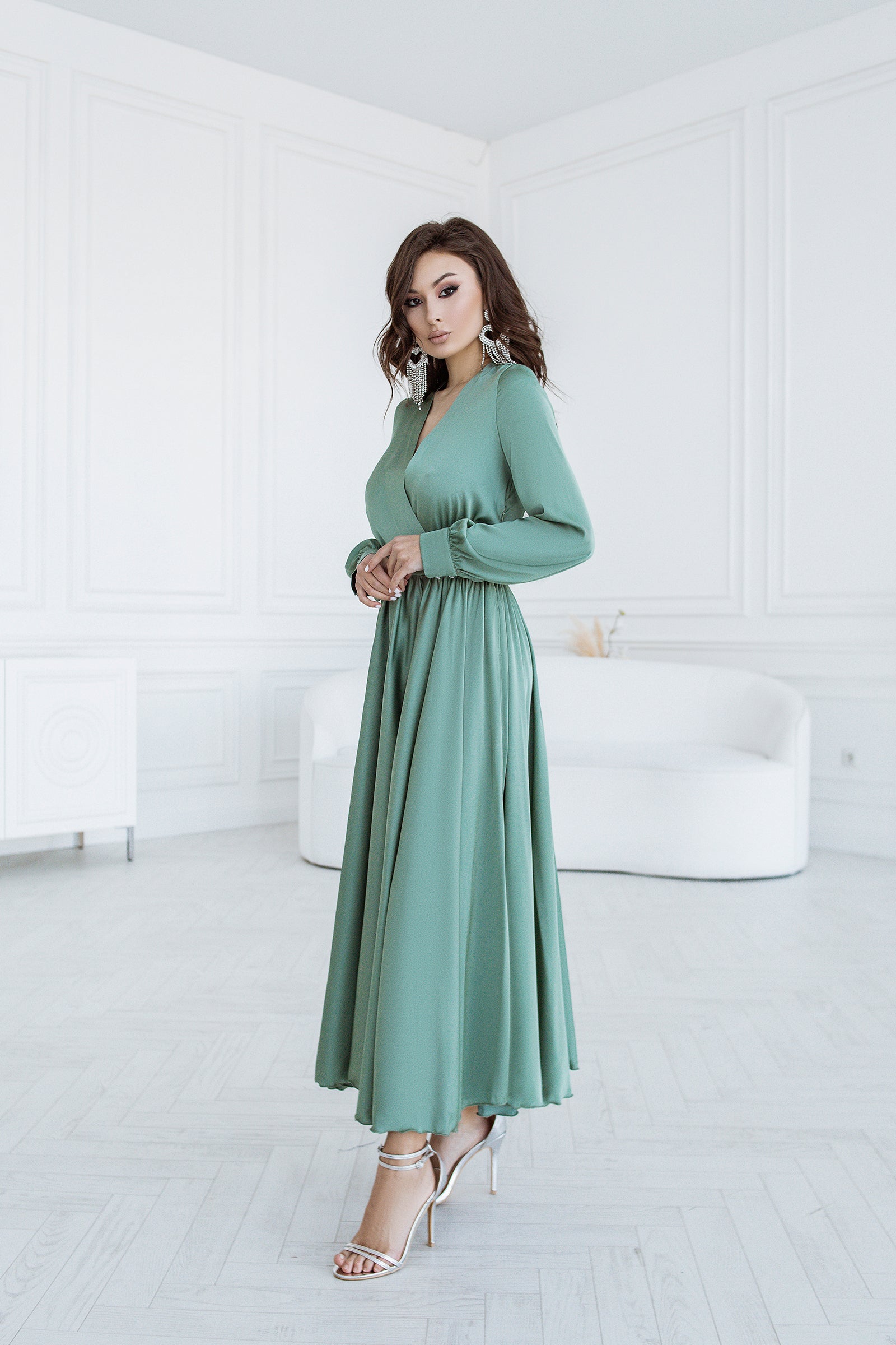 Olive Silk Long Sleeve Maxi Dress