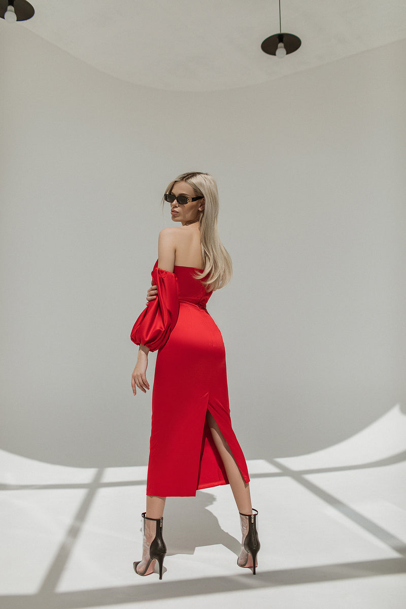Red Puffed Sleeve Midi Prom Dress