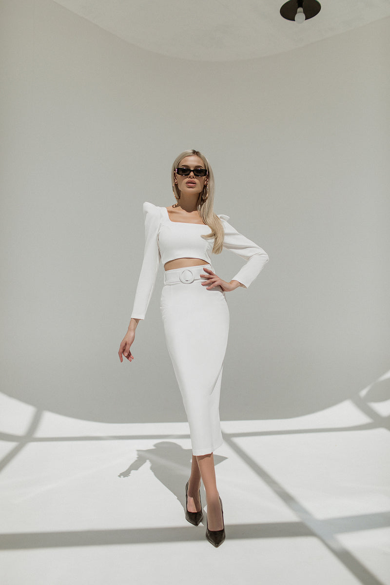 White Long Sleeve Top & Maxi Skirt 2-Piece Set