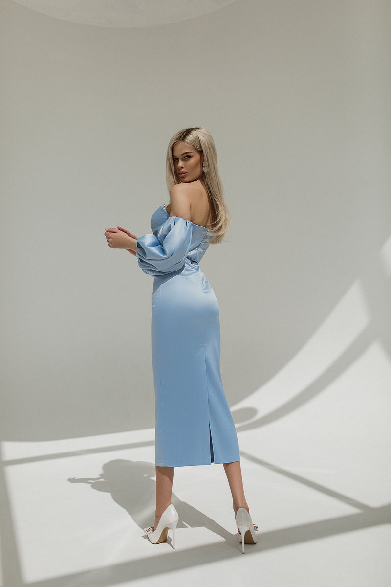 Sky-Blue Puffed Sleeve Midi Prom Dress