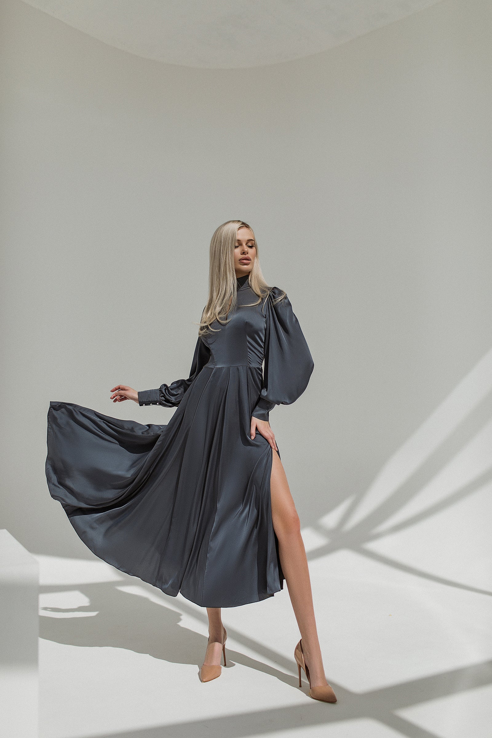 Graphite Silk Long Sleeve Maxi Dress