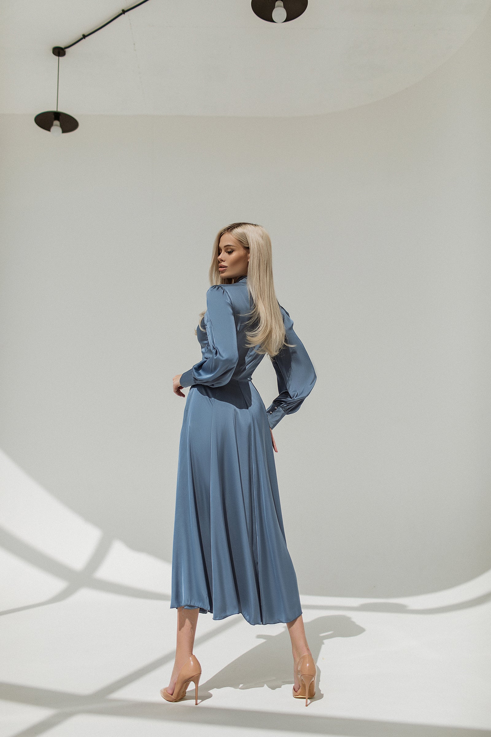 Sky-Blue Silk Long Sleeve Maxi Dress